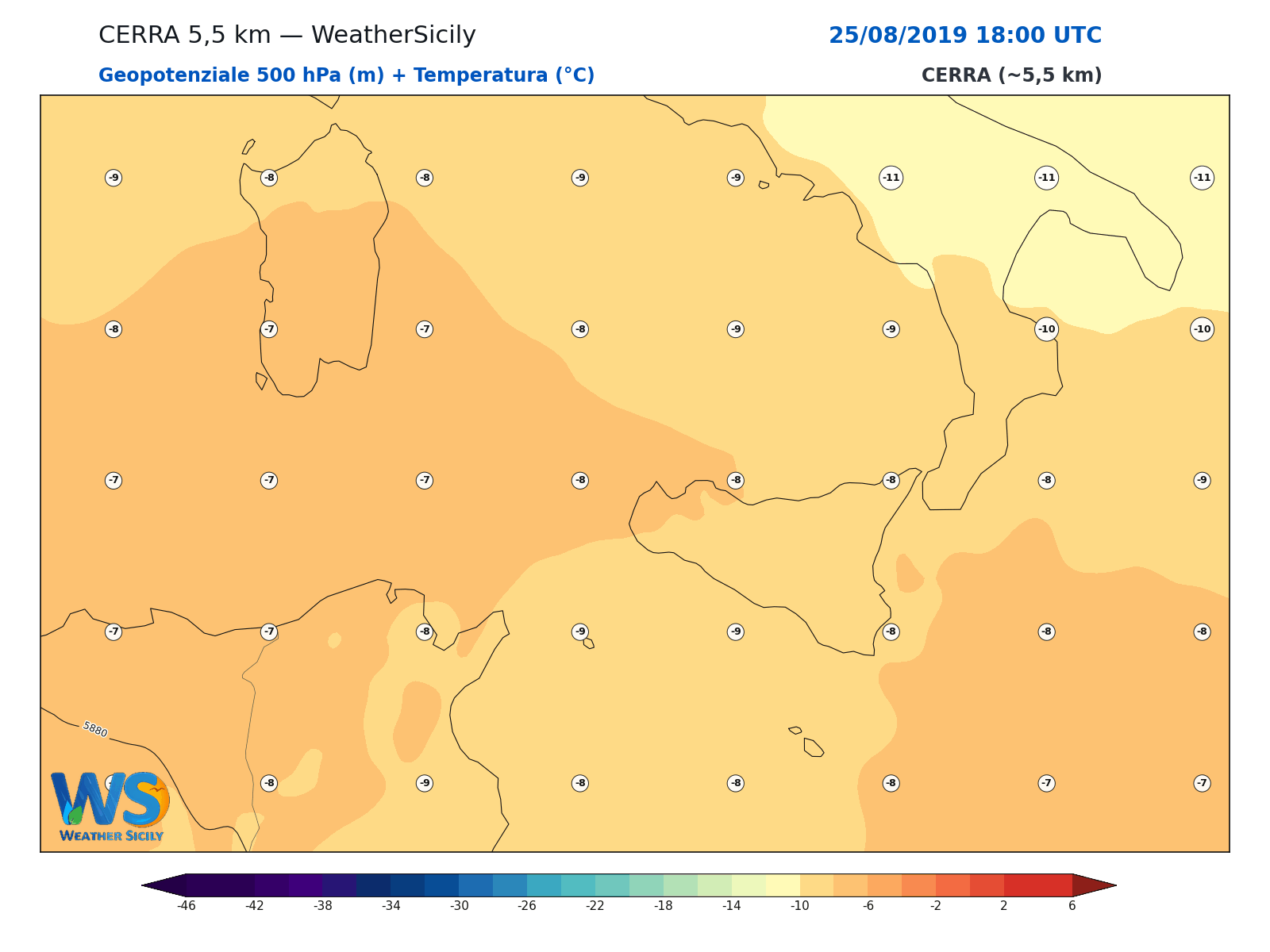 Geopotenziale 500 hPa + Temperatura · 2019082518