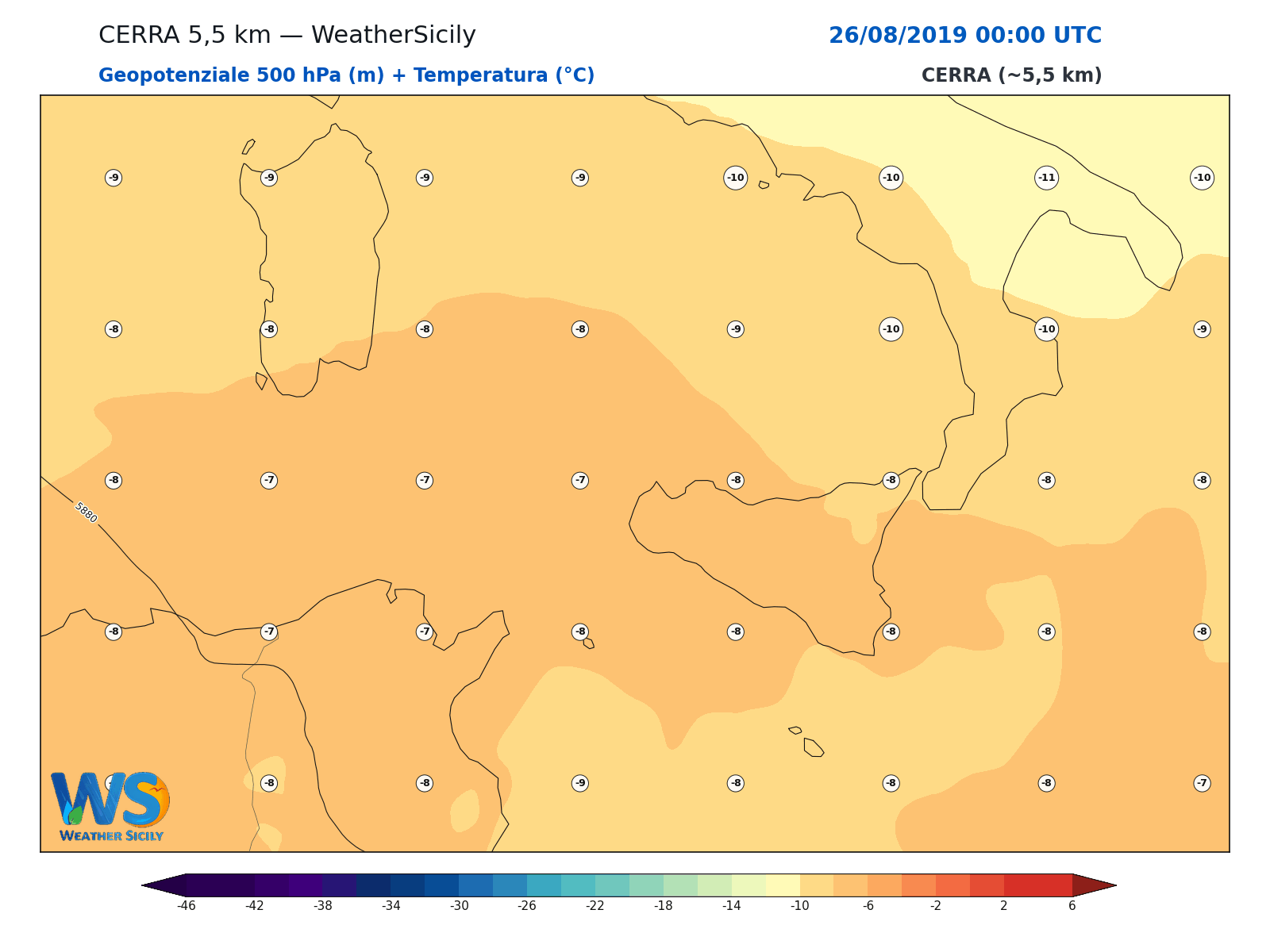 Geopotenziale 500 hPa + Temperatura · 2019082600