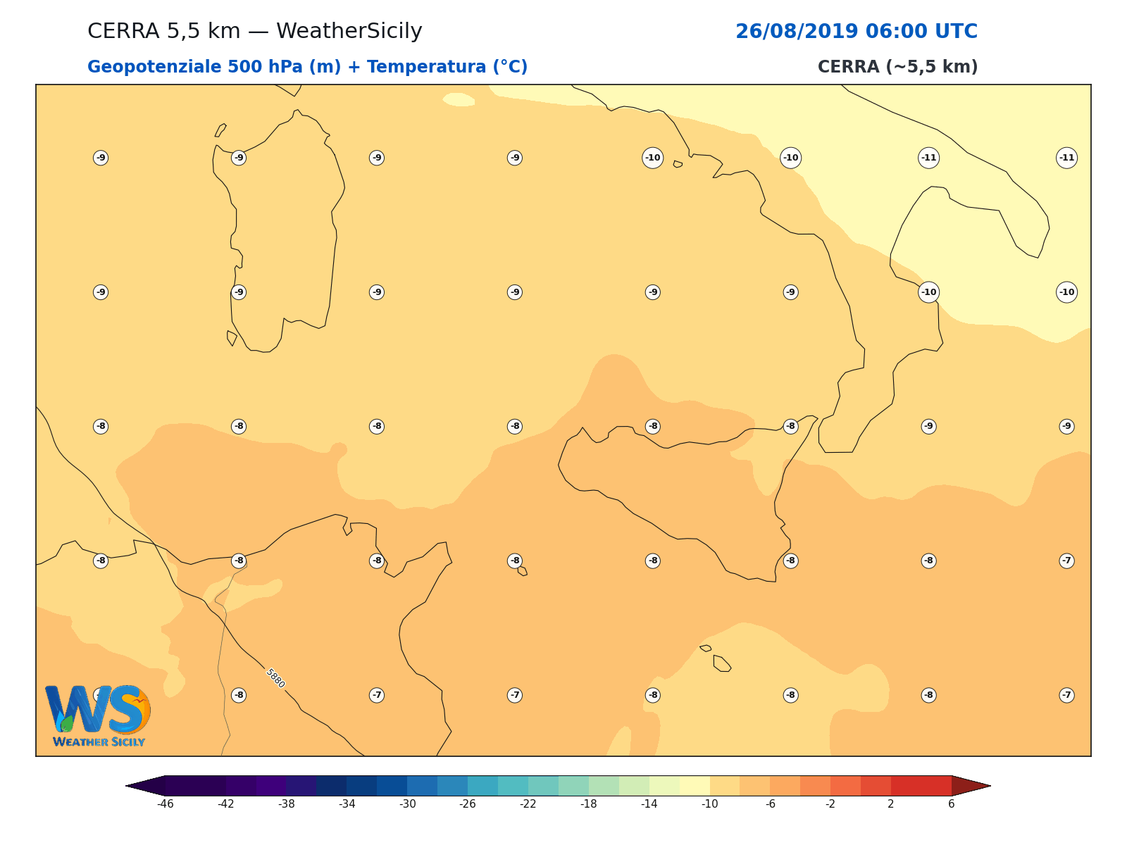Geopotenziale 500 hPa + Temperatura · 2019082606