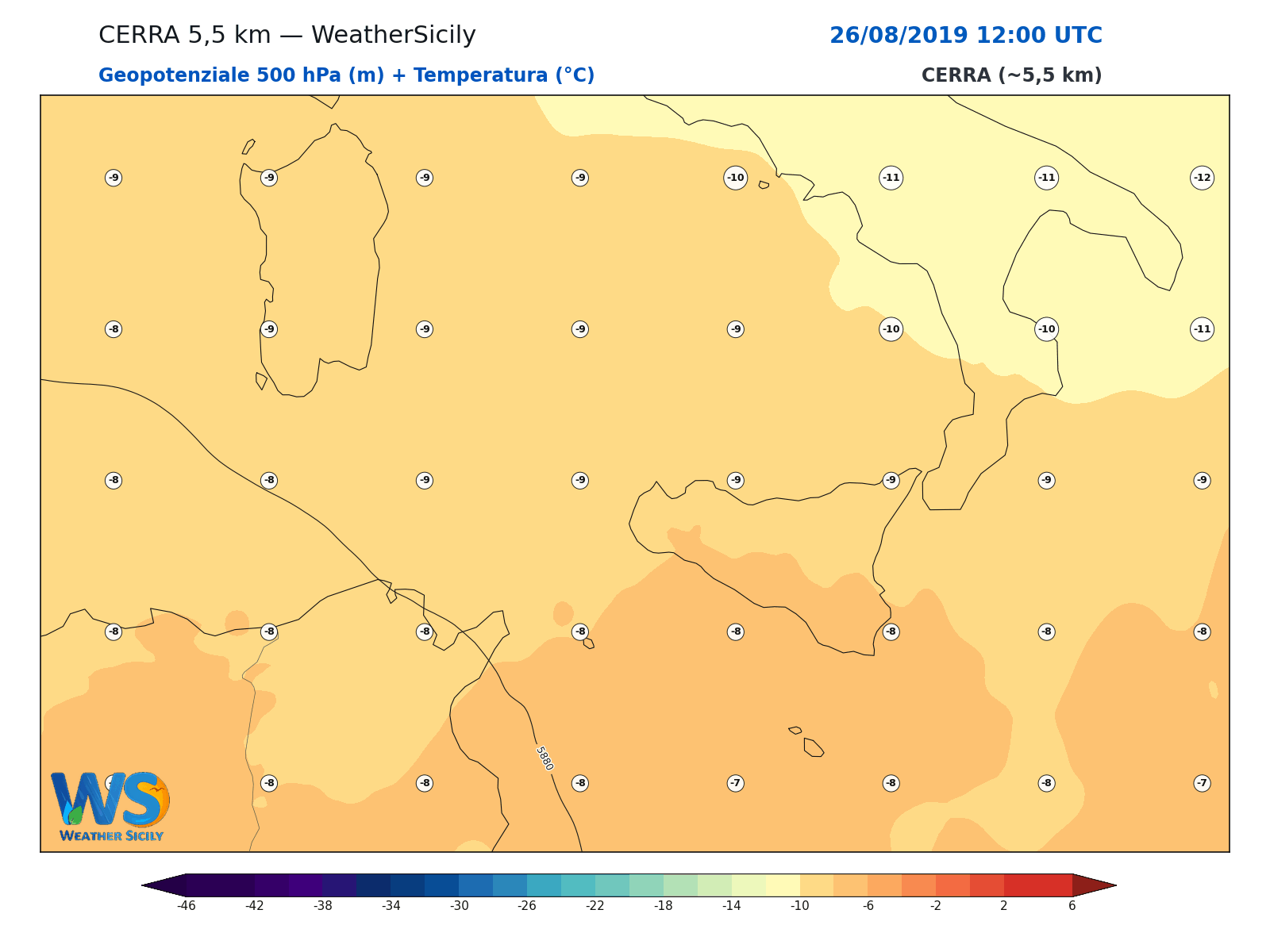 Geopotenziale 500 hPa + Temperatura · 2019082612