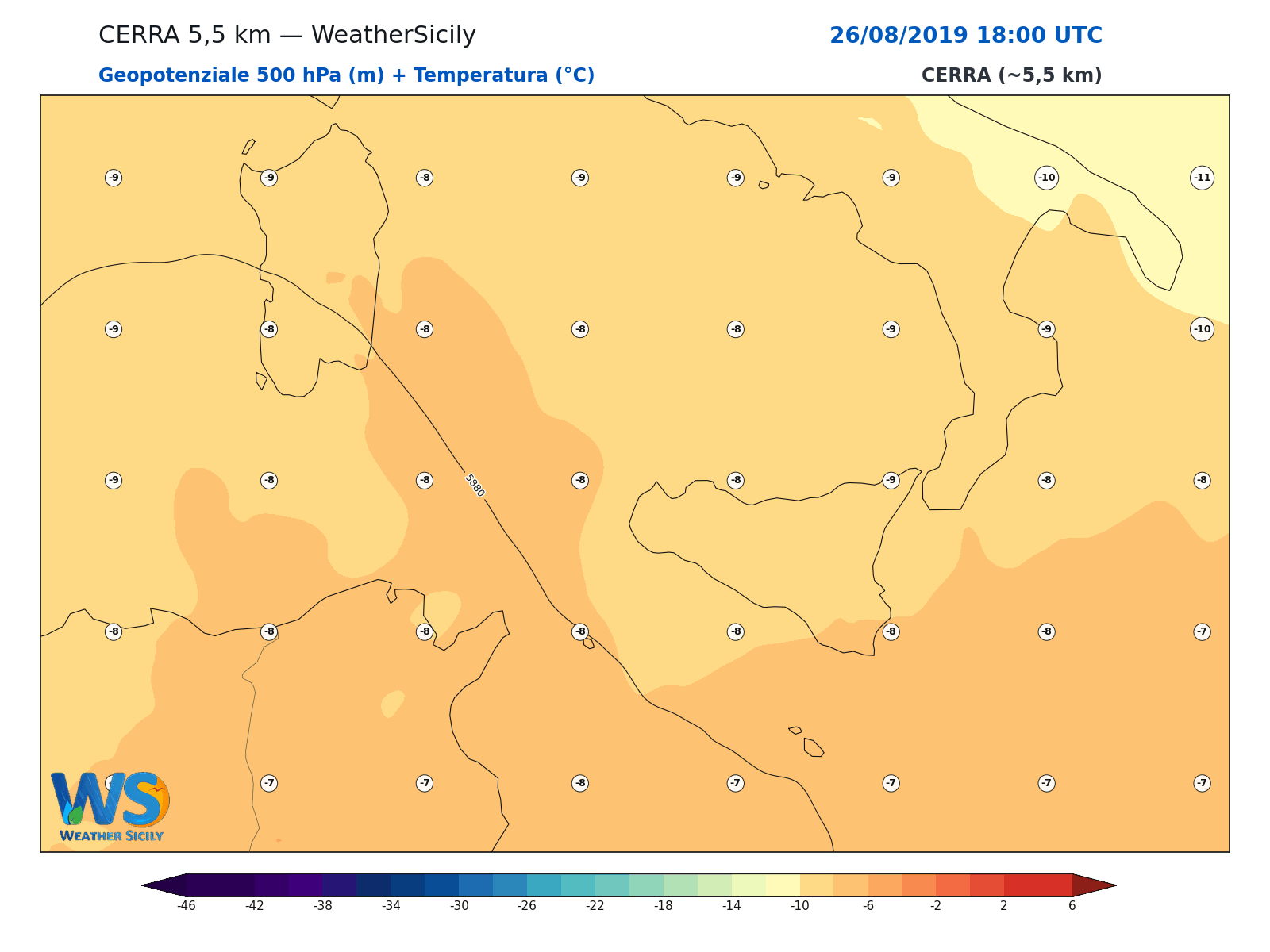 Geopotenziale 500 hPa + Temperatura · 2019082618
