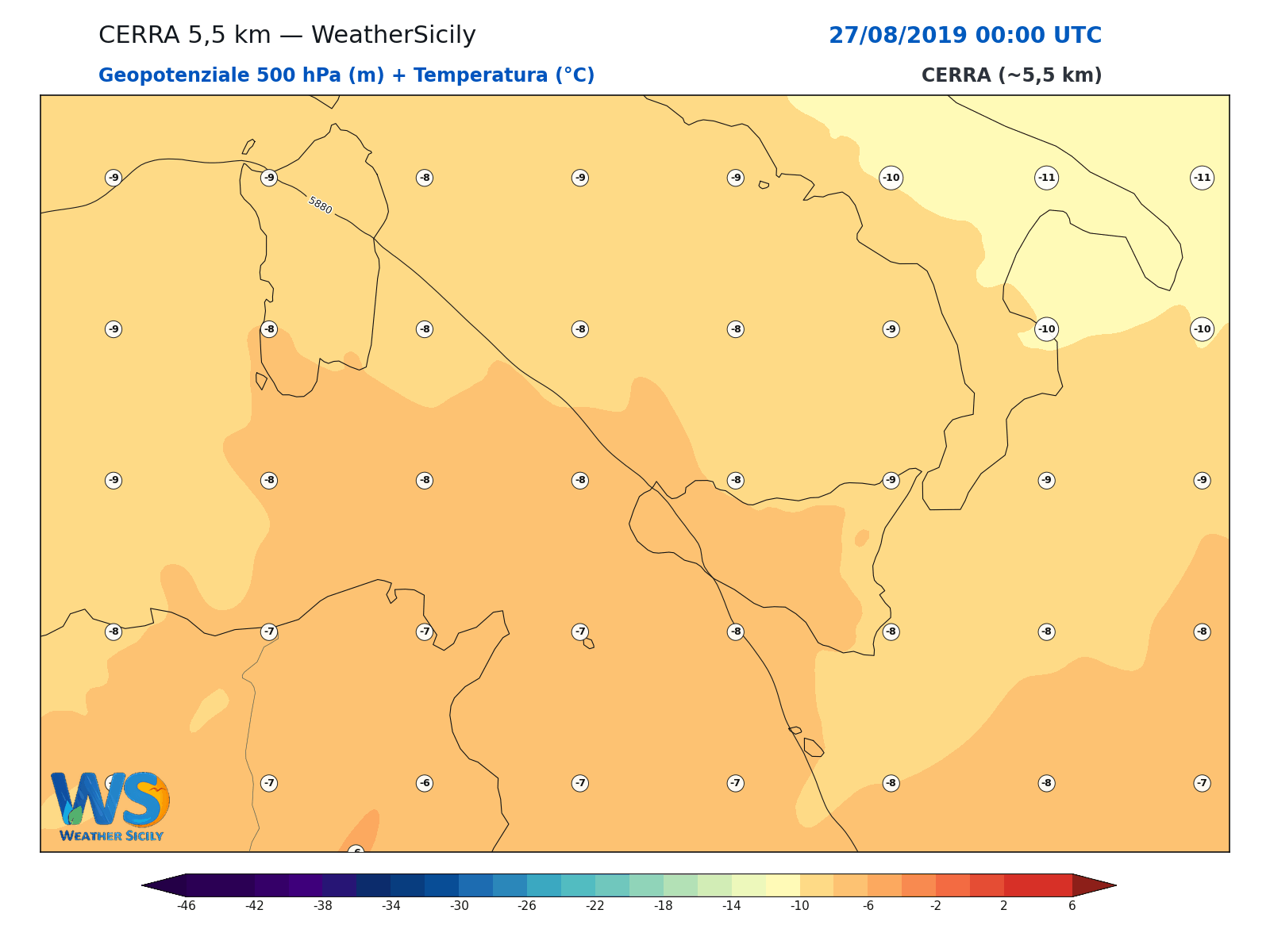 Geopotenziale 500 hPa + Temperatura · 2019082700