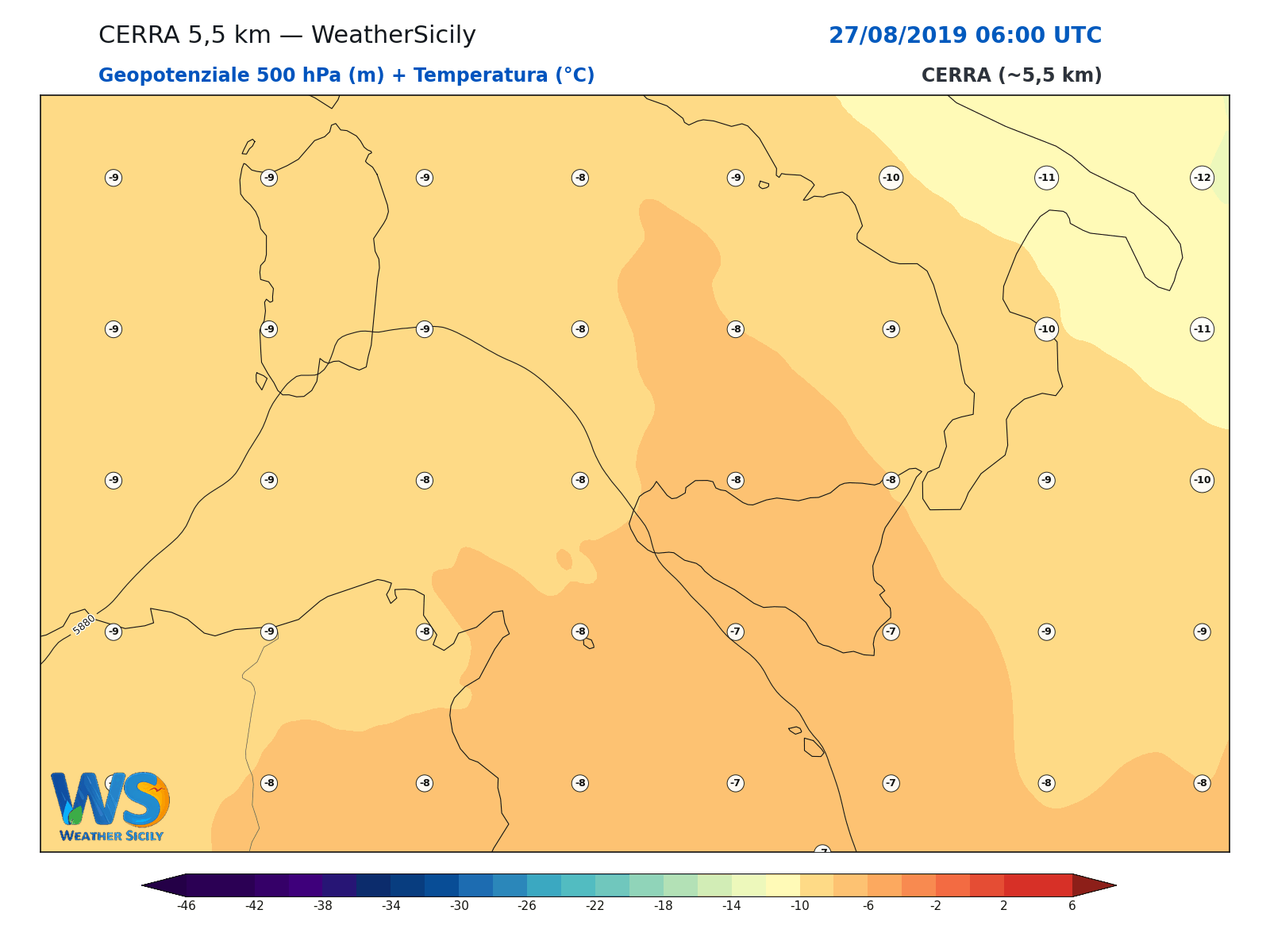 Geopotenziale 500 hPa + Temperatura · 2019082706