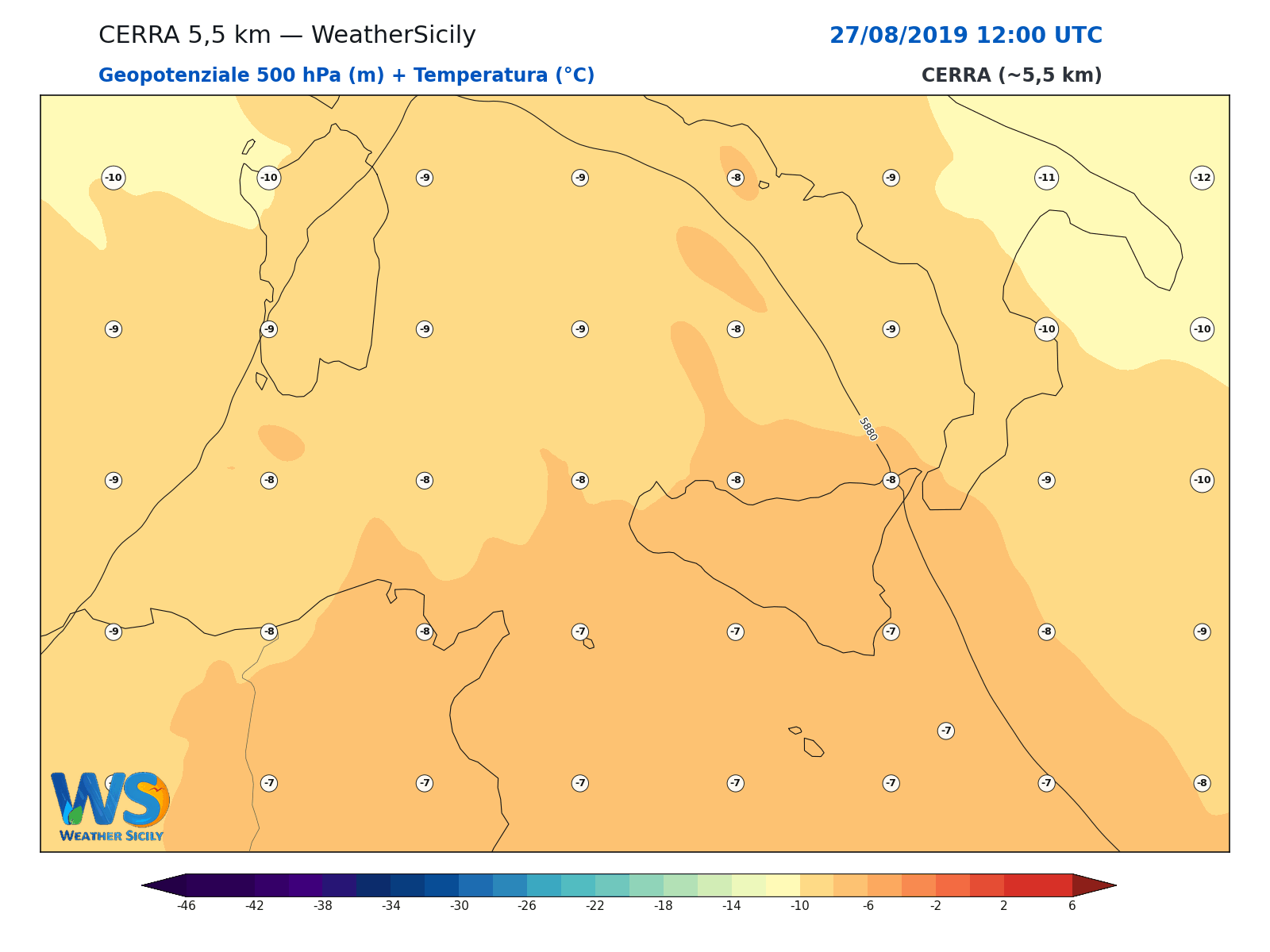 Geopotenziale 500 hPa + Temperatura · 2019082712