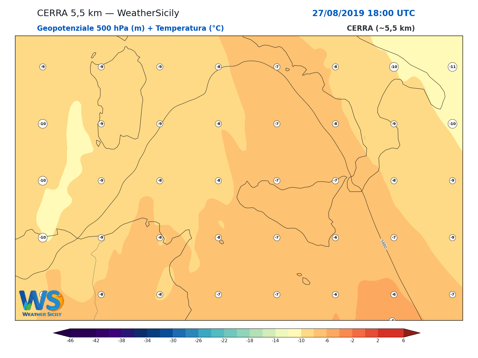 Geopotenziale 500 hPa + Temperatura · 2019082718