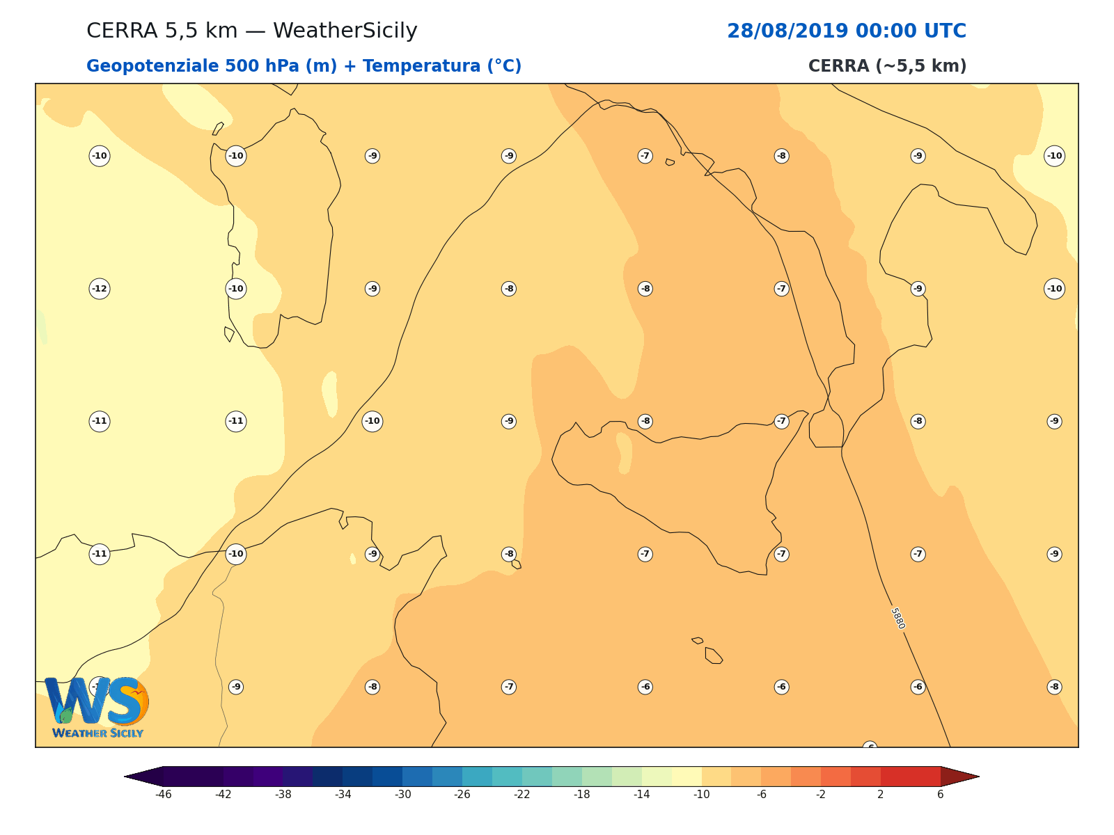 Geopotenziale 500 hPa + Temperatura · 2019082800