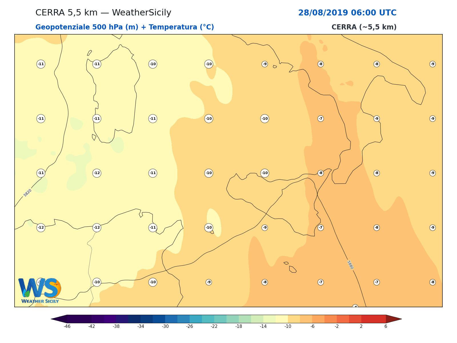 Geopotenziale 500 hPa + Temperatura · 2019082806