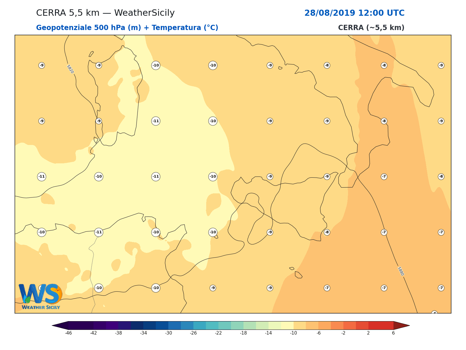 Geopotenziale 500 hPa + Temperatura · 2019082812
