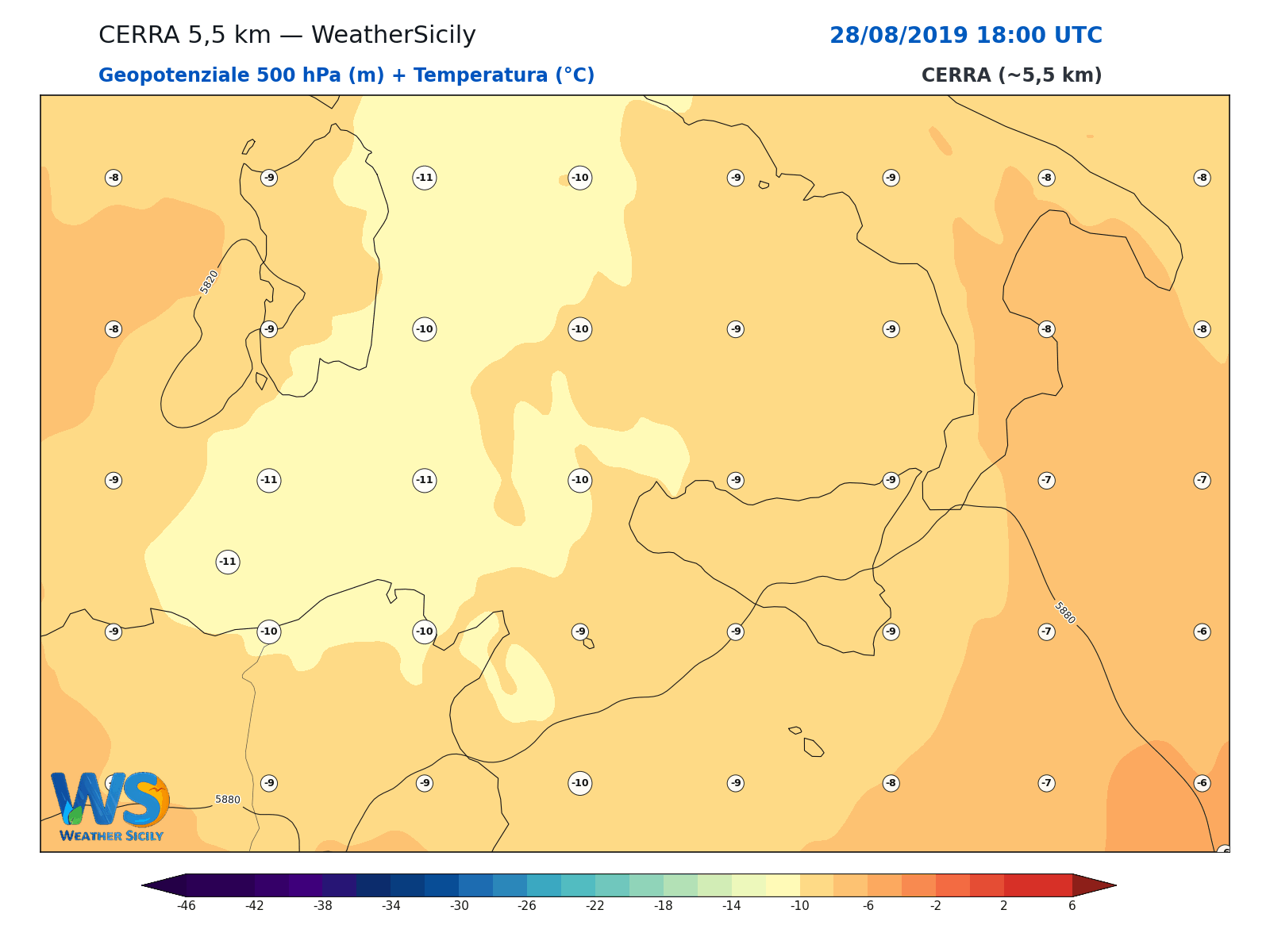Geopotenziale 500 hPa + Temperatura · 2019082818