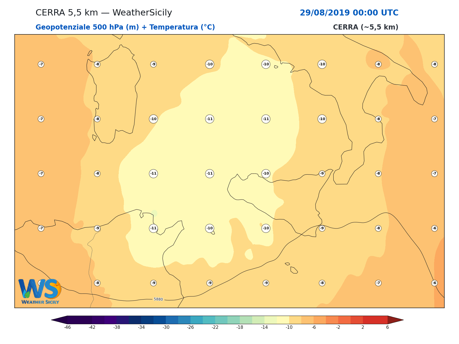 Geopotenziale 500 hPa + Temperatura · 2019082900