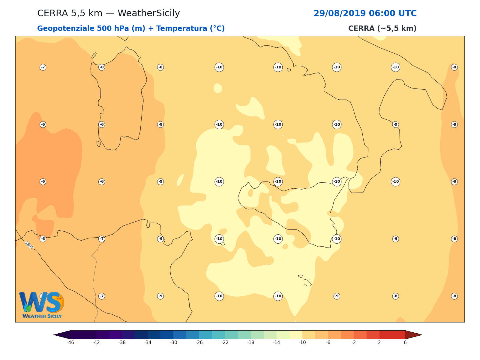 Geopotenziale 500 hPa + Temperatura · 2019082906
