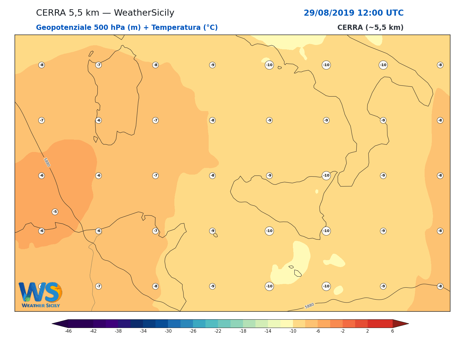 Geopotenziale 500 hPa + Temperatura · 2019082912