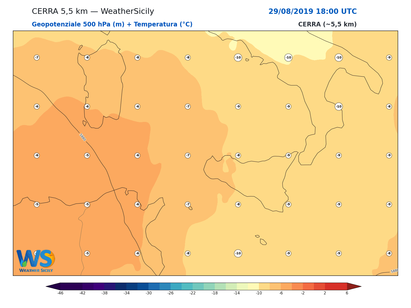 Geopotenziale 500 hPa + Temperatura · 2019082918