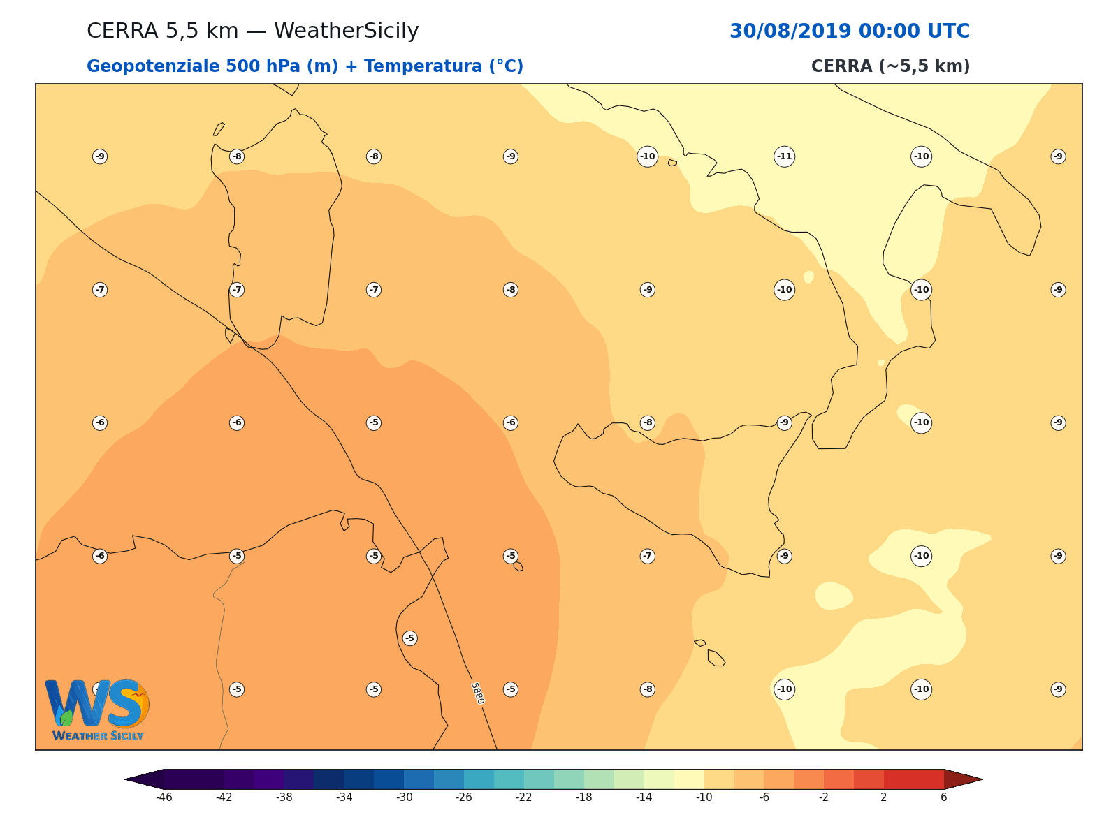 Geopotenziale 500 hPa + Temperatura · 2019083000