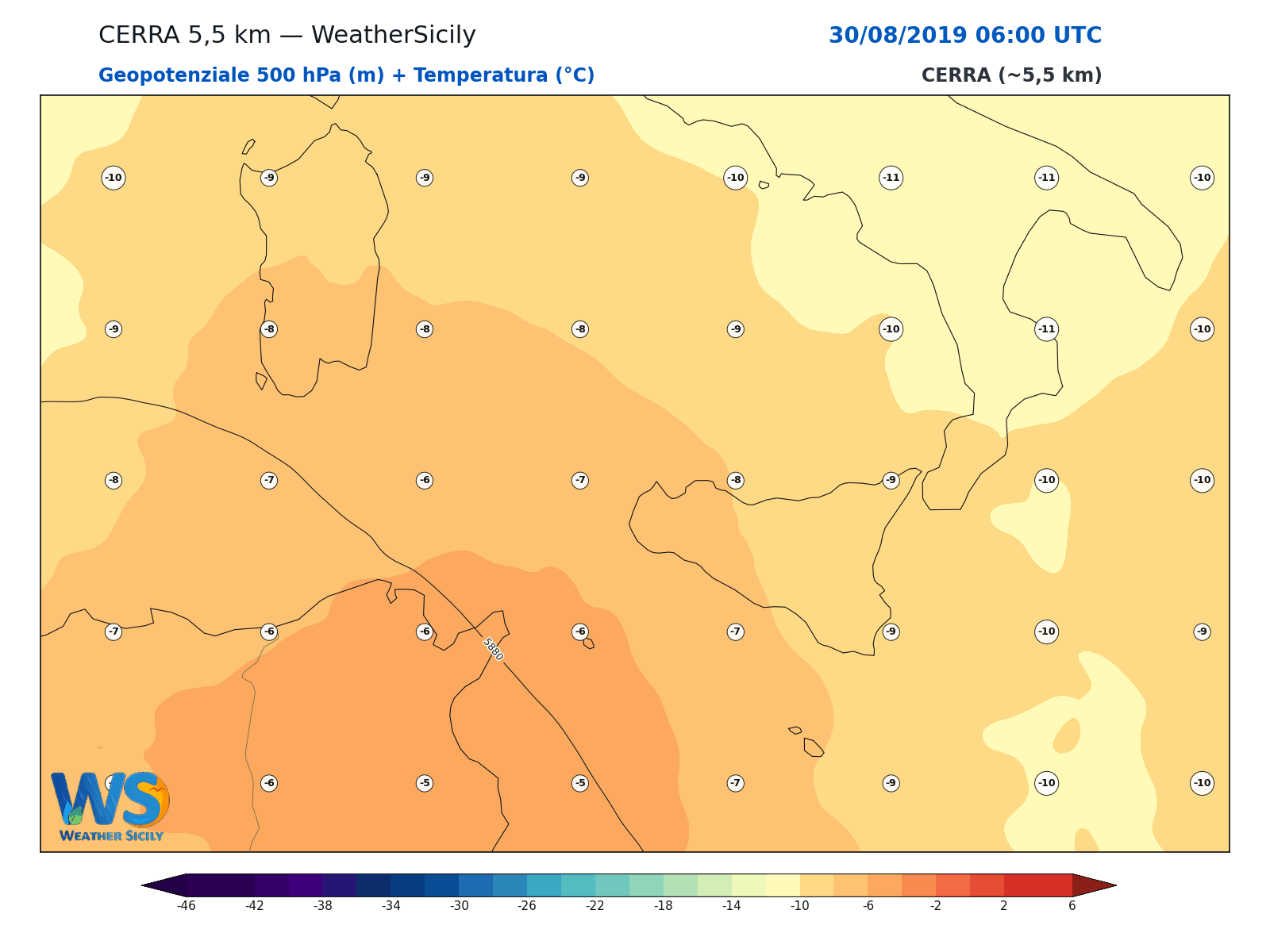 Geopotenziale 500 hPa + Temperatura · 2019083006