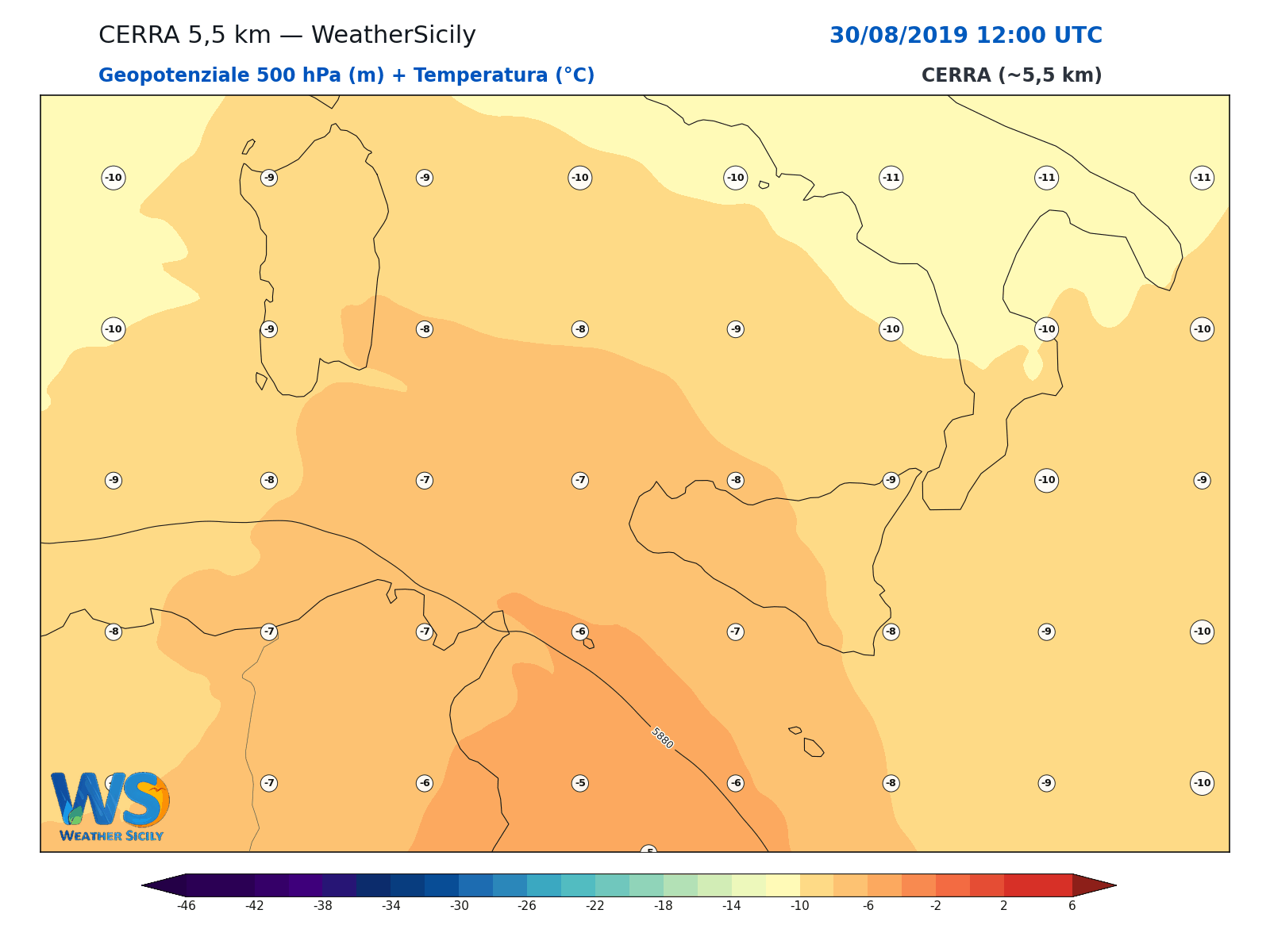 Geopotenziale 500 hPa + Temperatura · 2019083012