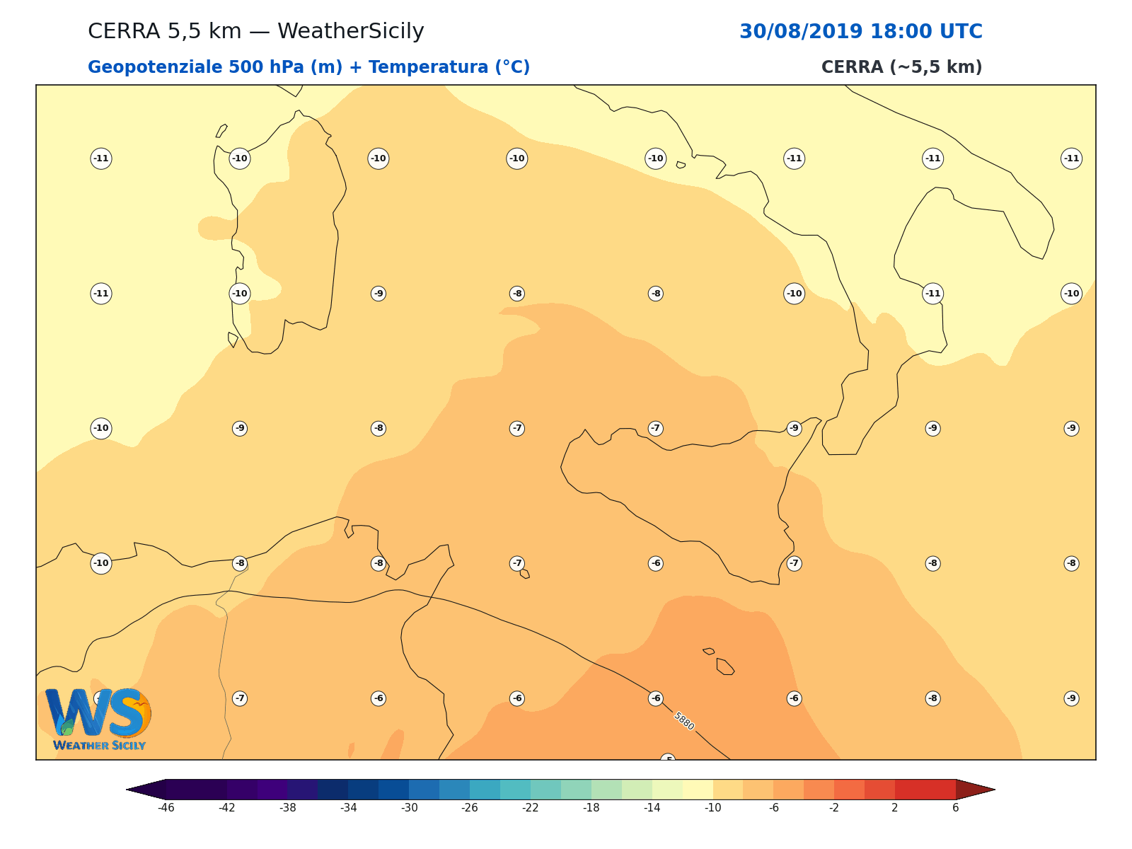 Geopotenziale 500 hPa + Temperatura · 2019083018