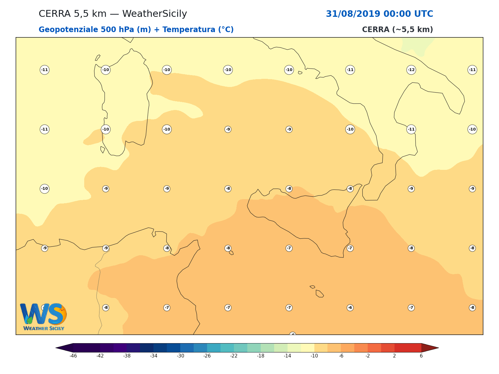 Geopotenziale 500 hPa + Temperatura · 2019083100
