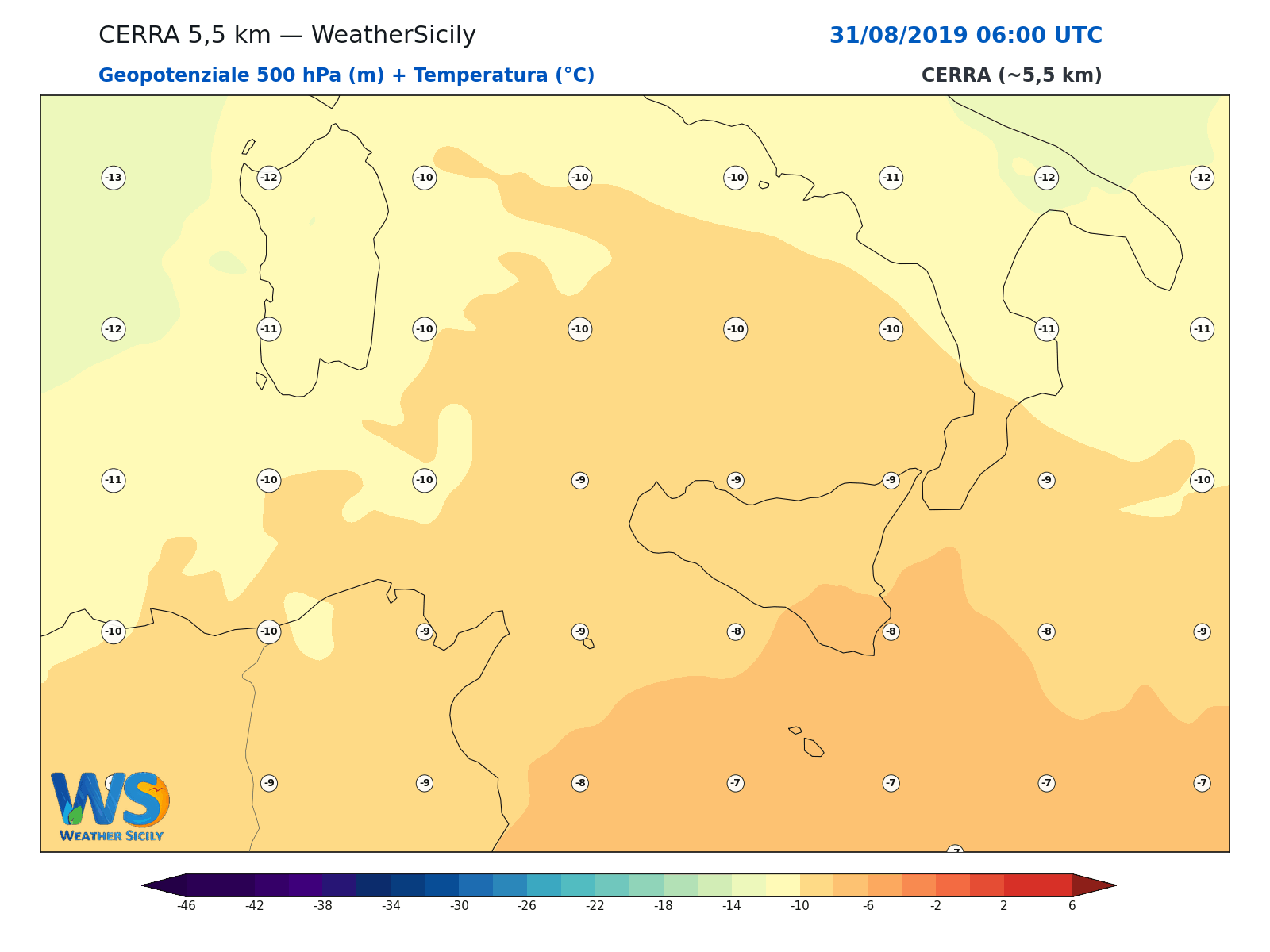 Geopotenziale 500 hPa + Temperatura · 2019083106