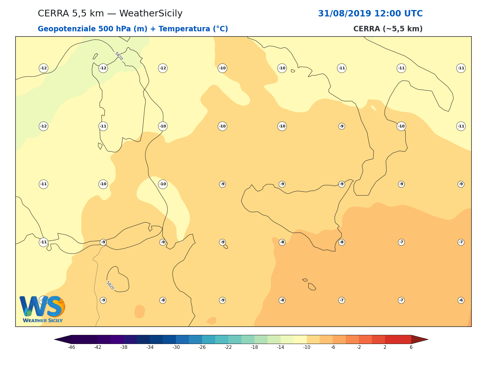 Geopotenziale 500 hPa + Temperatura · 2019083112