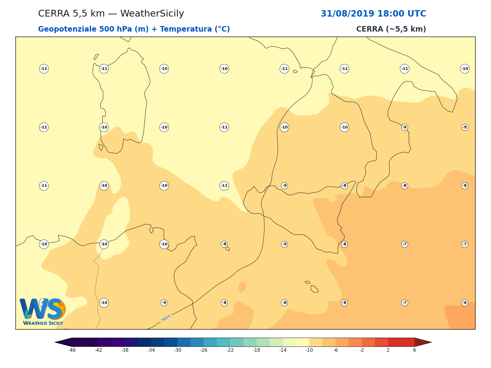 Geopotenziale 500 hPa + Temperatura · 2019083118