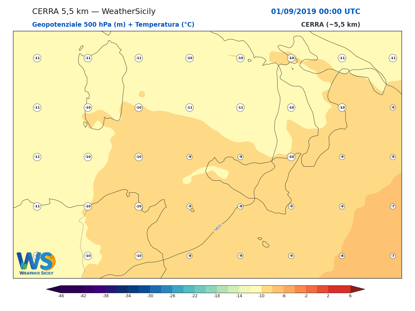 Geopotenziale 500 hPa + Temperatura · 2019090100