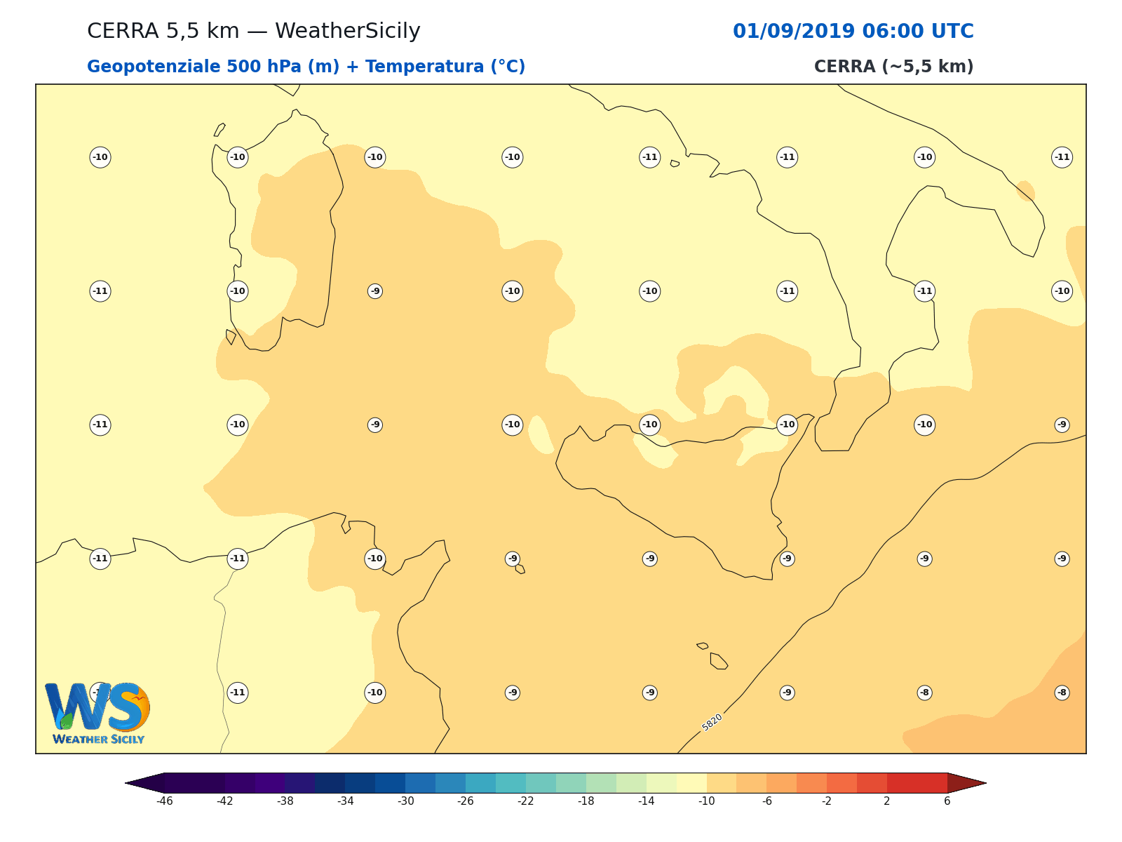 Geopotenziale 500 hPa + Temperatura · 2019090106