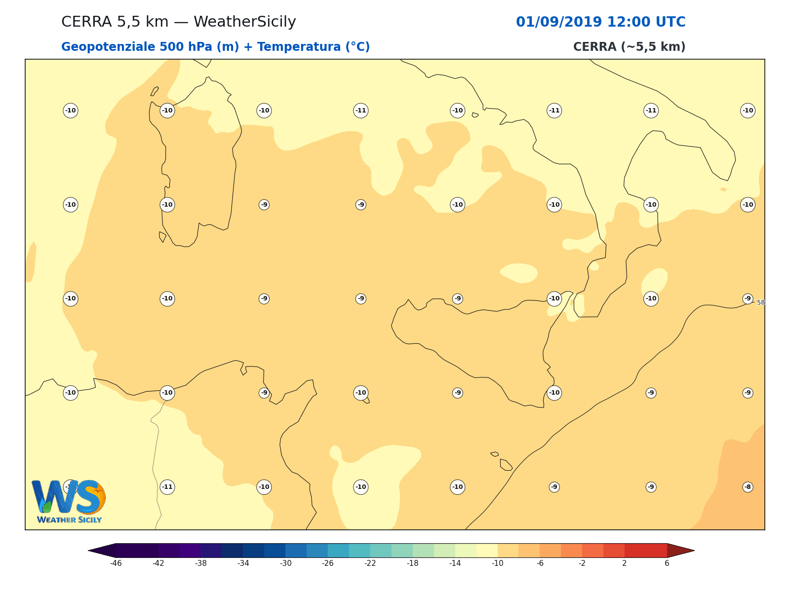 Geopotenziale 500 hPa + Temperatura · 2019090112