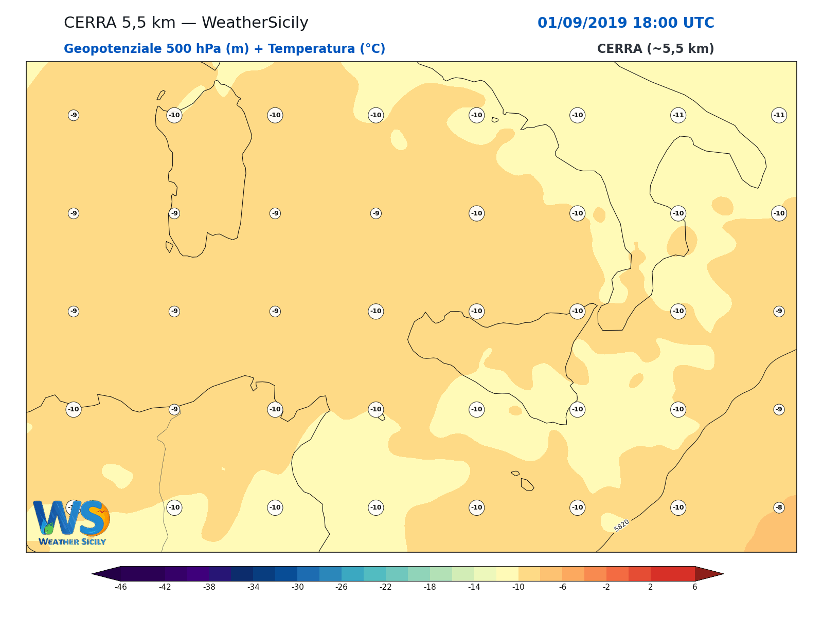 Geopotenziale 500 hPa + Temperatura · 2019090118