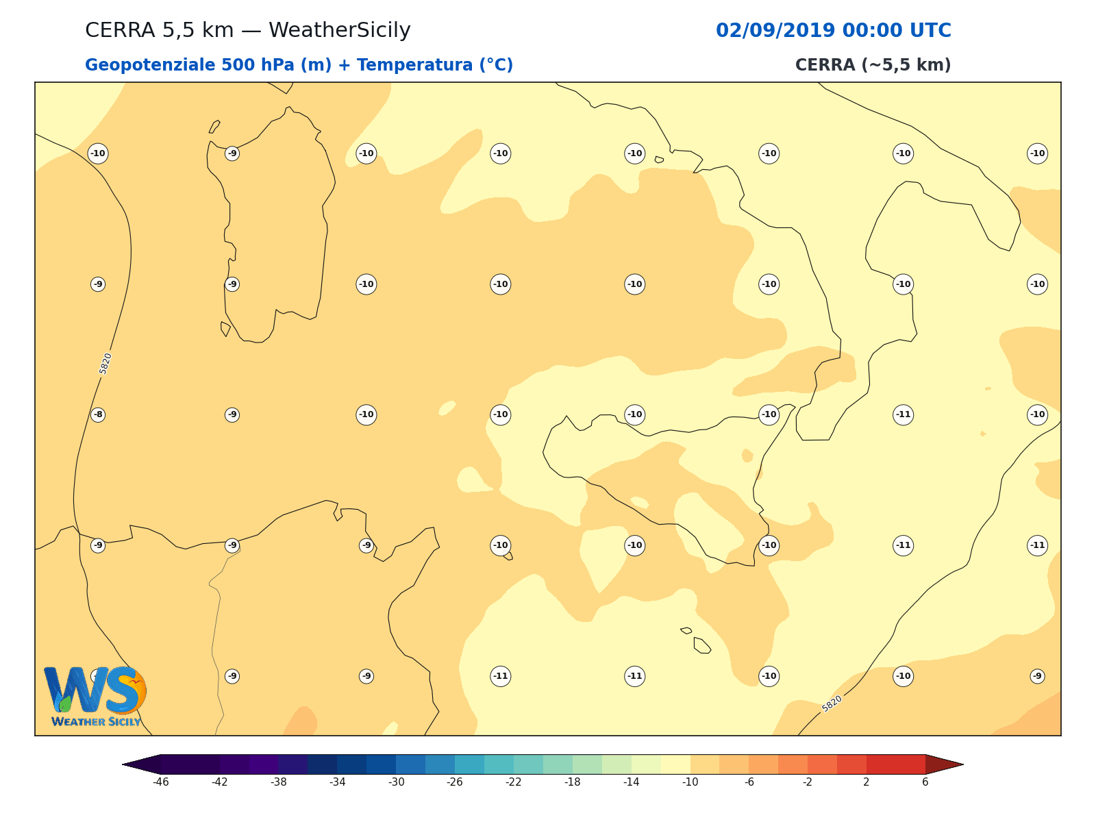 Geopotenziale 500 hPa + Temperatura · 2019090200