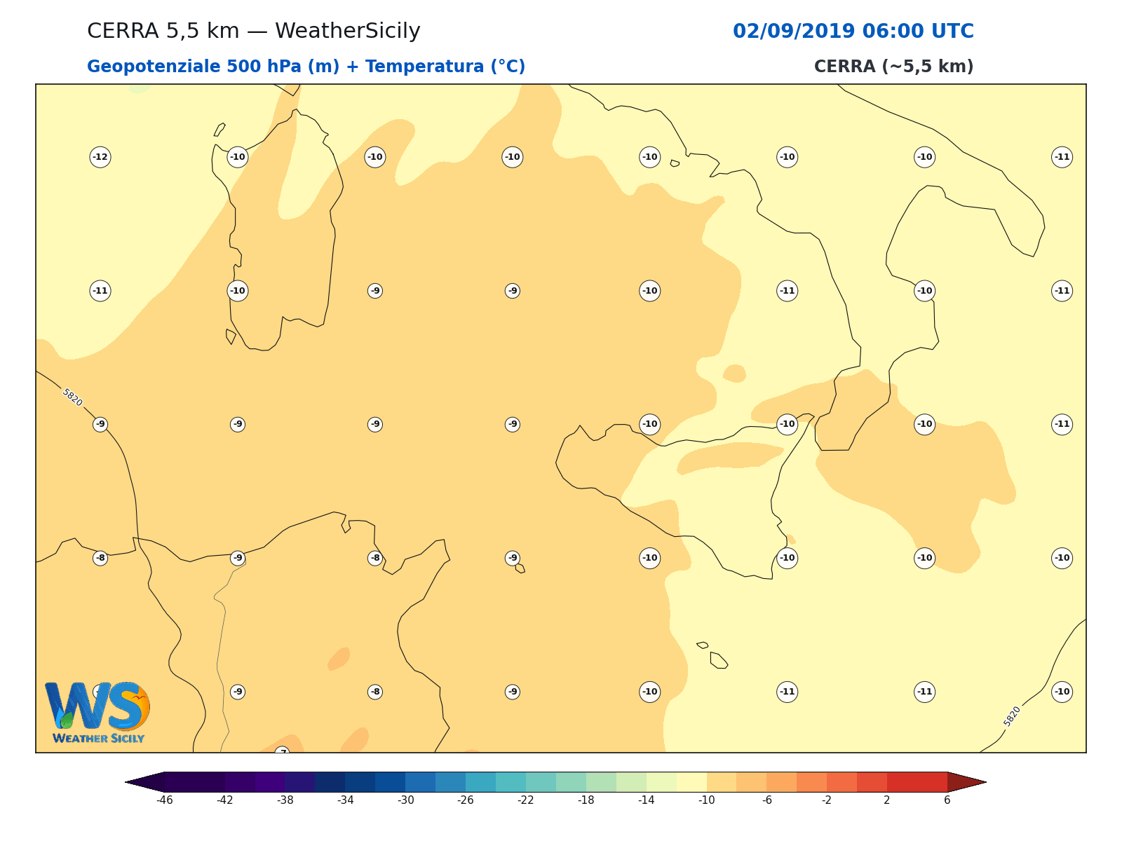 Geopotenziale 500 hPa + Temperatura · 2019090206