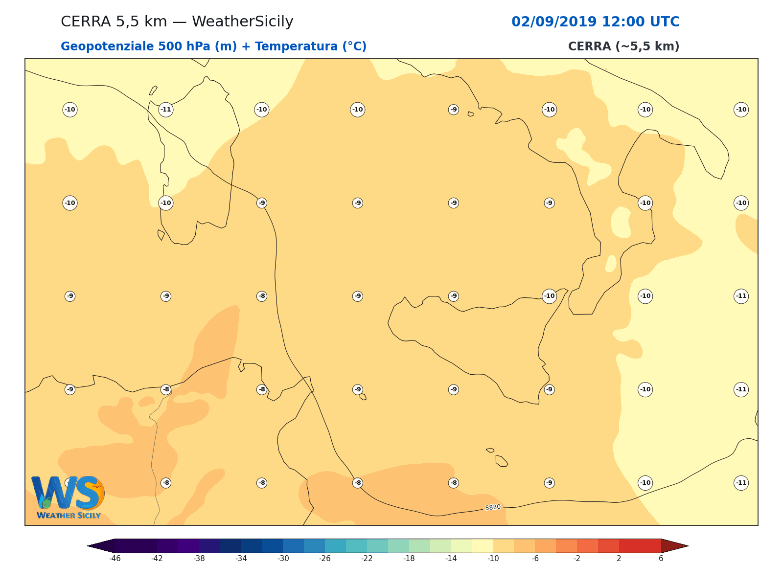 Geopotenziale 500 hPa + Temperatura · 2019090212