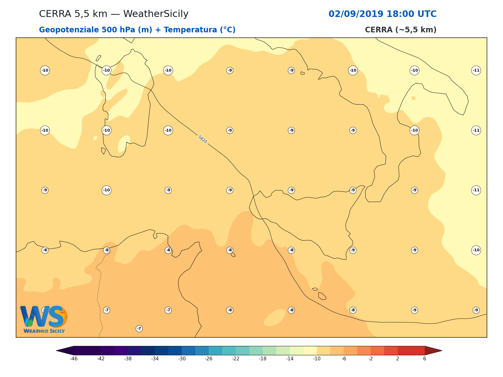 Geopotenziale 500 hPa + Temperatura · 2019090218