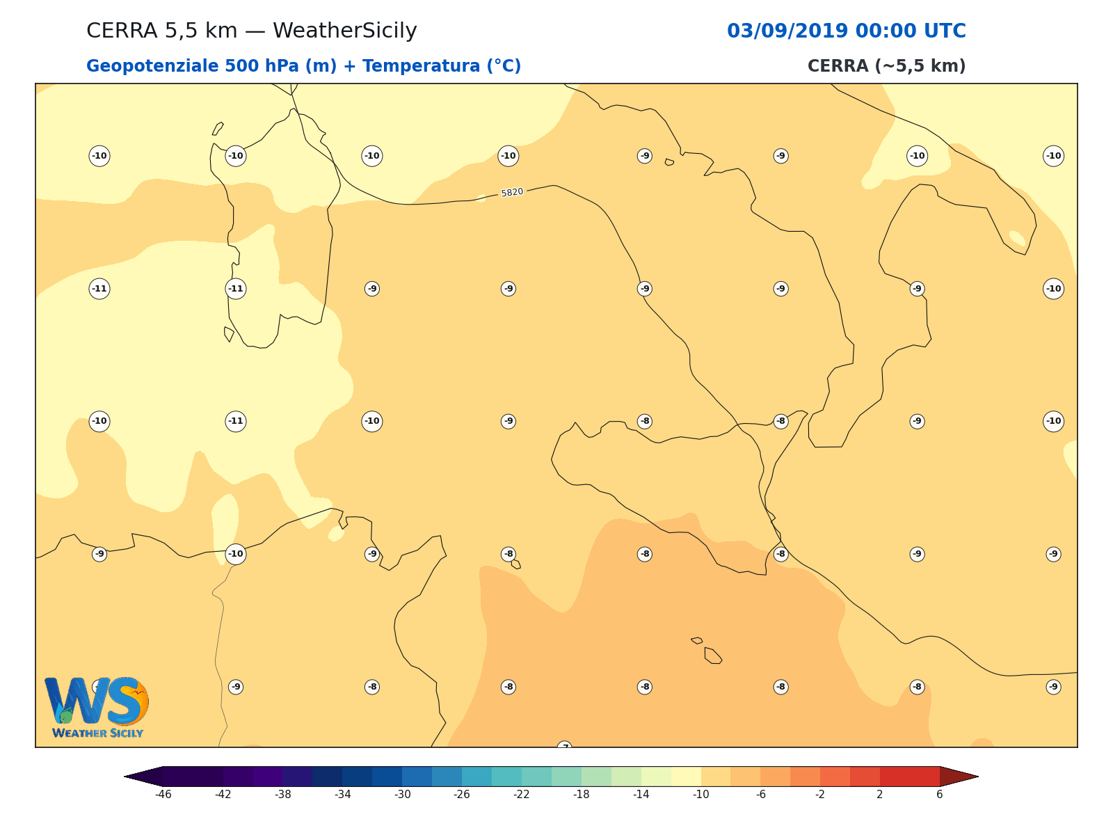 Geopotenziale 500 hPa + Temperatura · 2019090300
