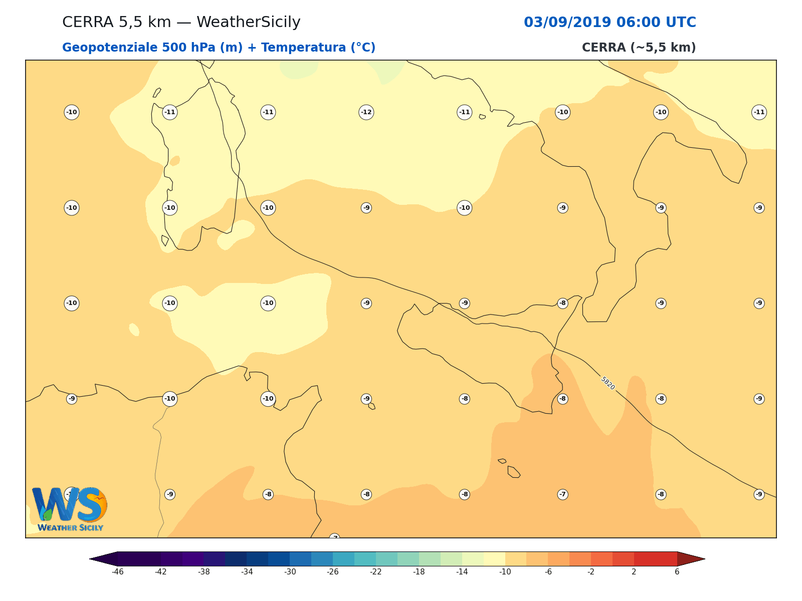 Geopotenziale 500 hPa + Temperatura · 2019090306