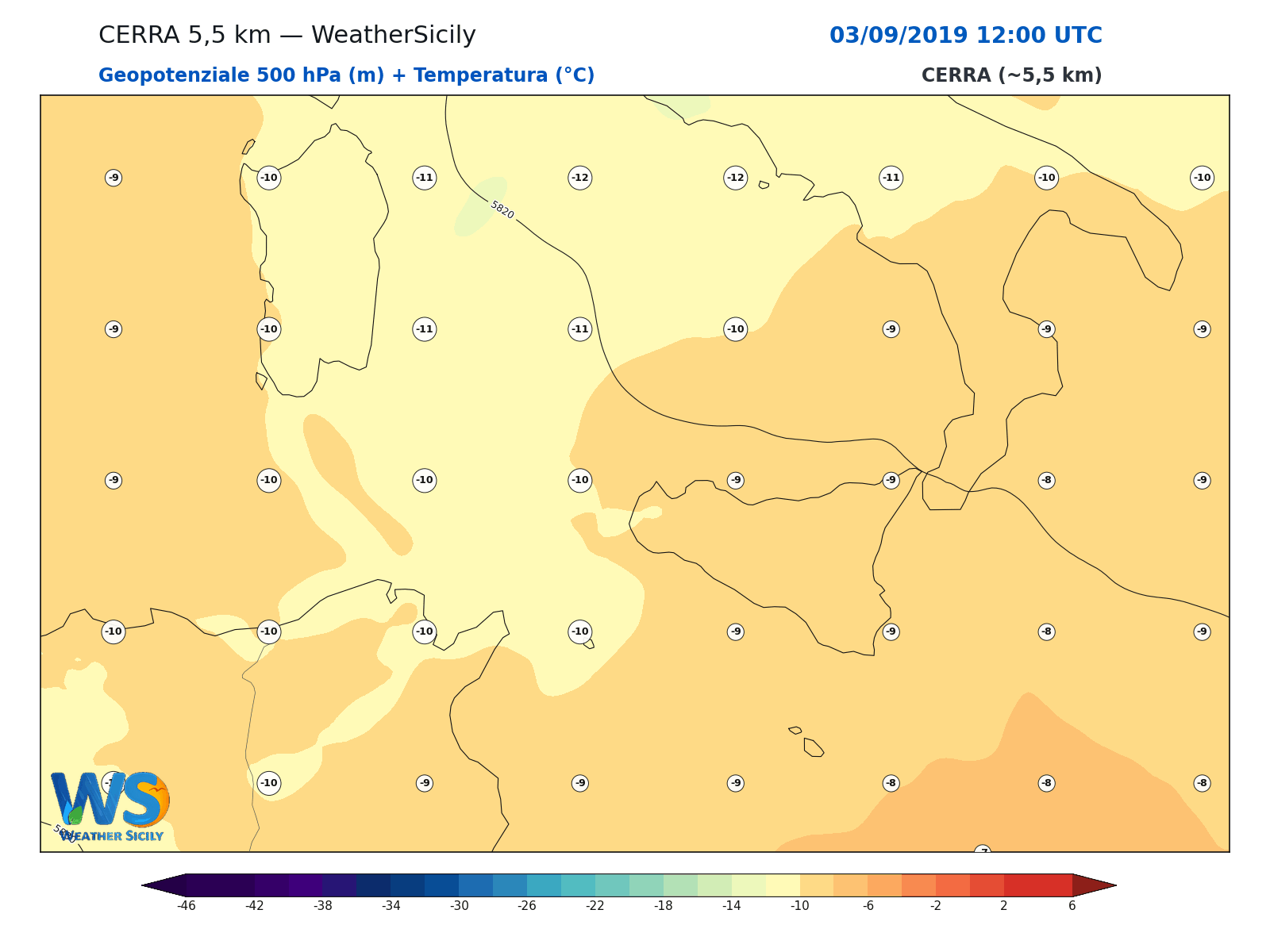 Geopotenziale 500 hPa + Temperatura · 2019090312