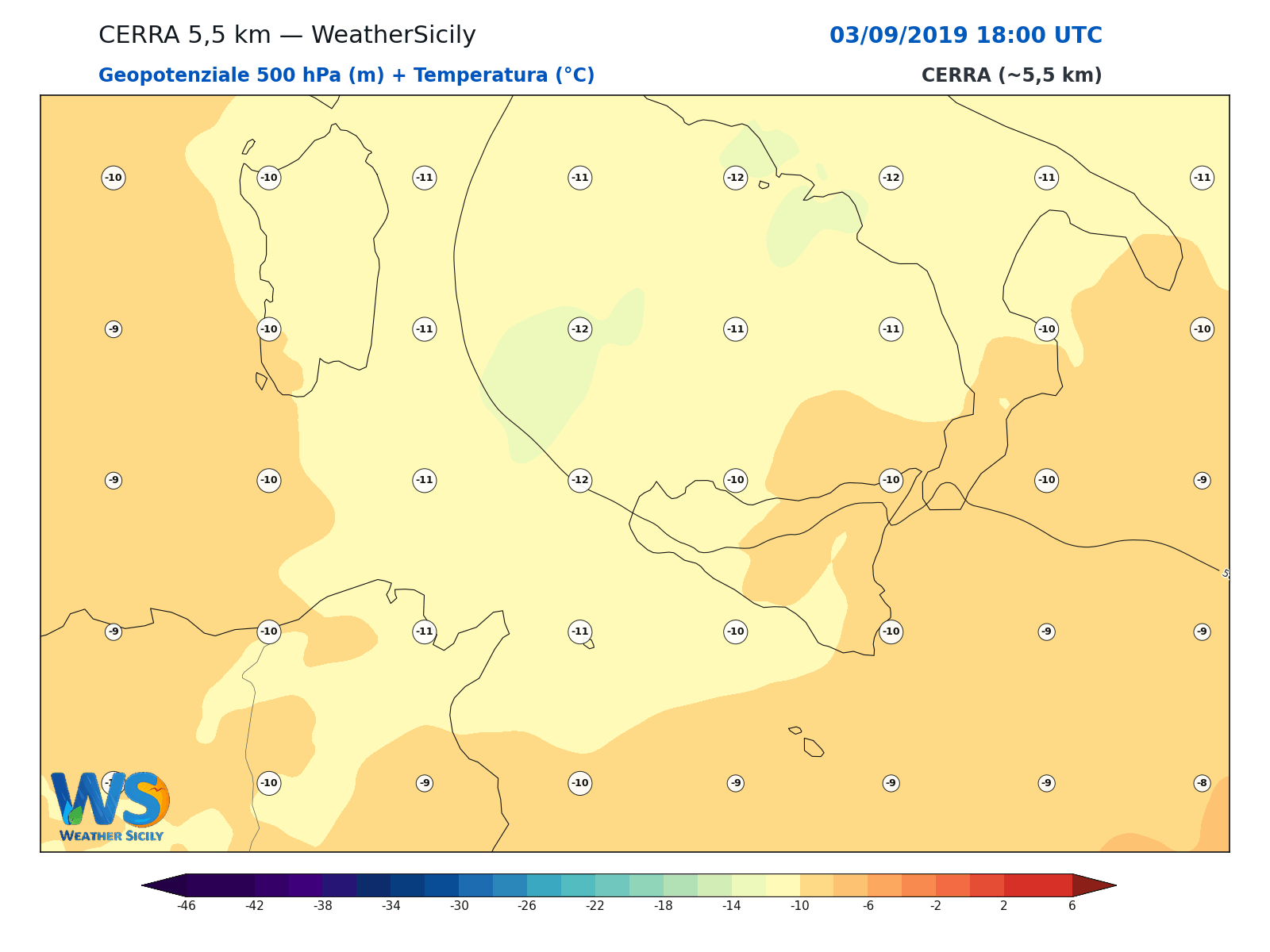 Geopotenziale 500 hPa + Temperatura · 2019090318