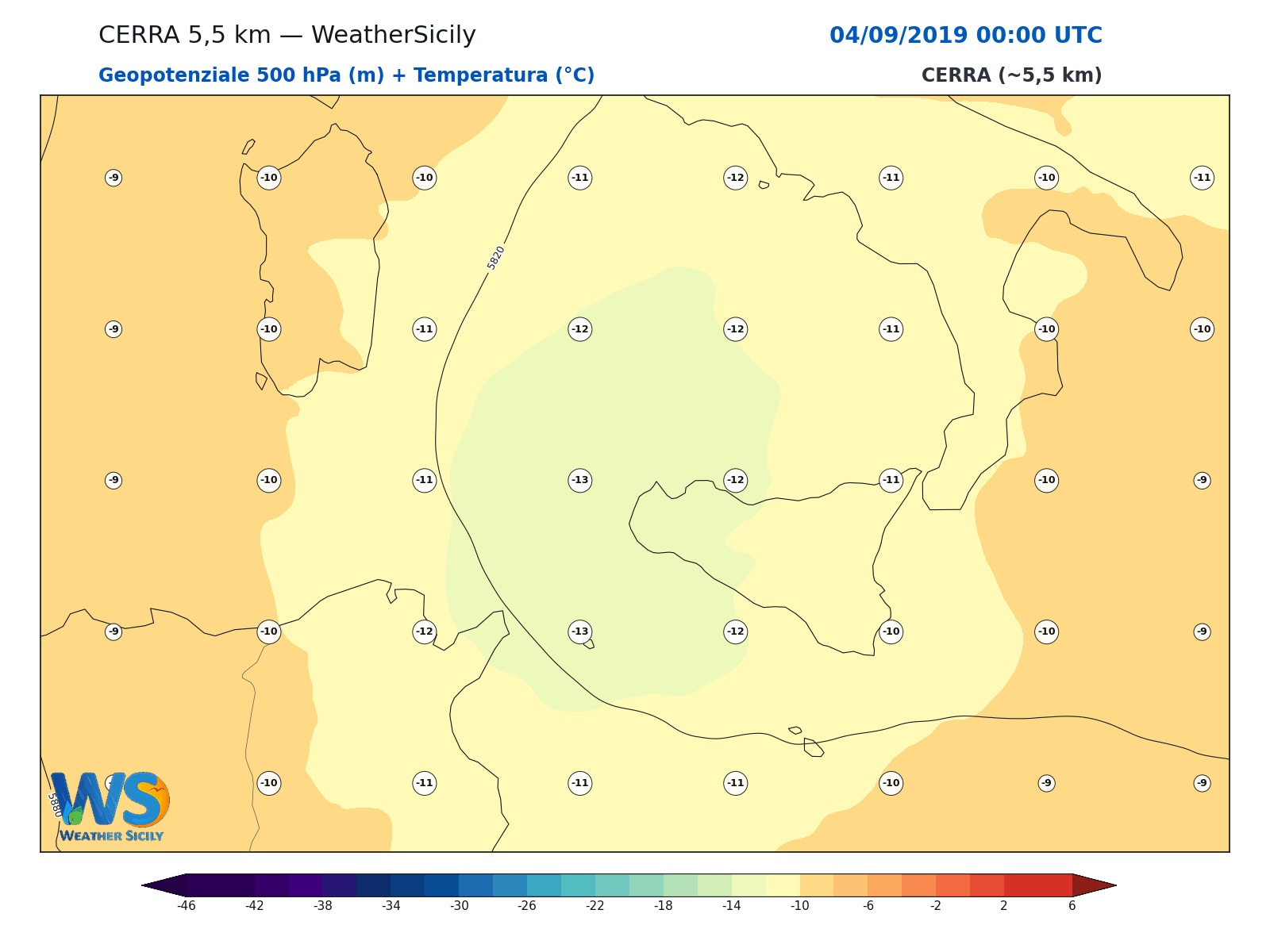 Geopotenziale 500 hPa + Temperatura · 2019090400