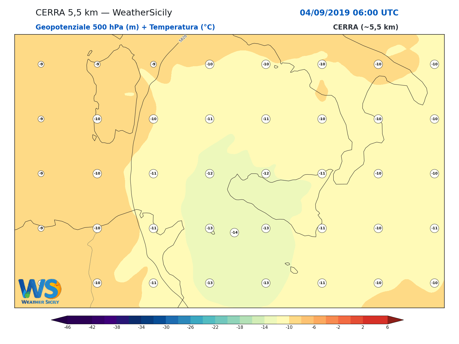 Geopotenziale 500 hPa + Temperatura · 2019090406