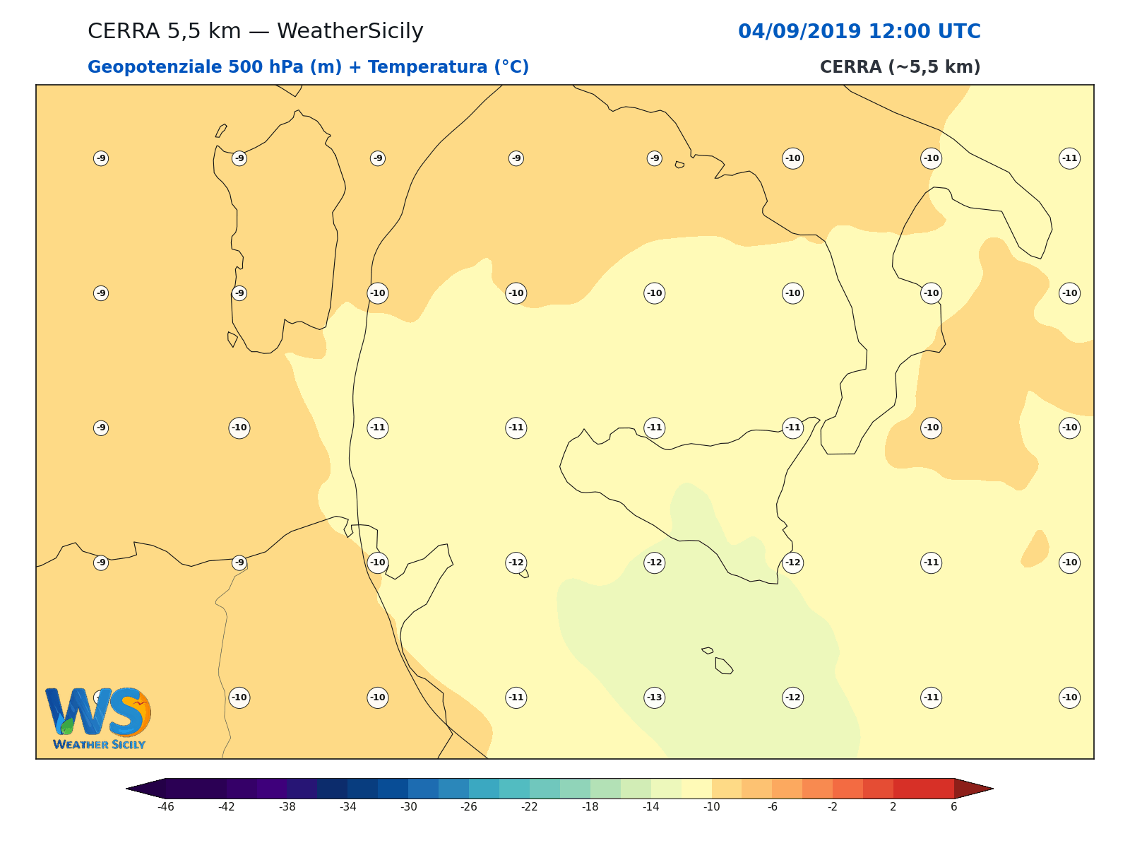 Geopotenziale 500 hPa + Temperatura · 2019090412