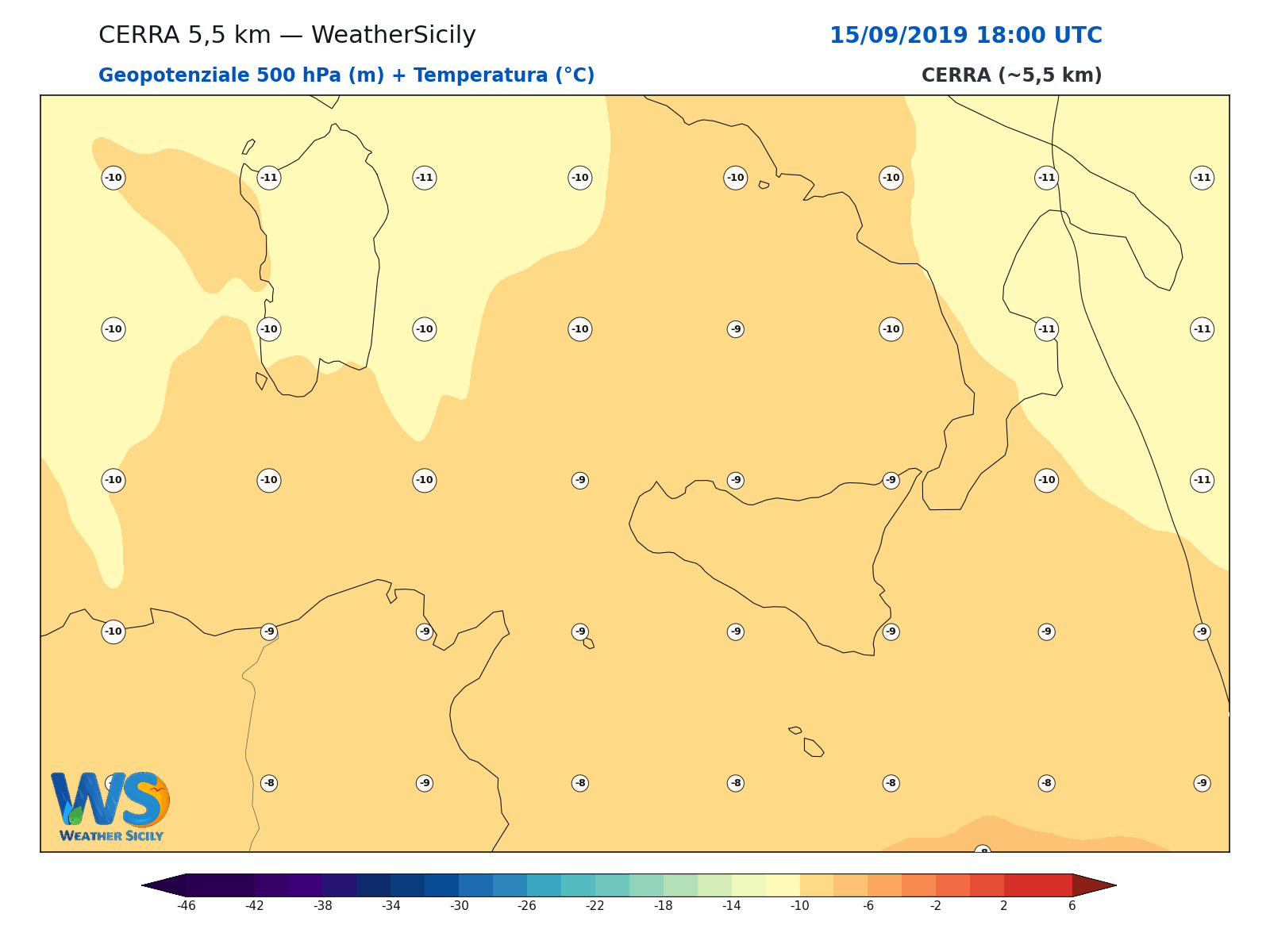 Geopotenziale 500 hPa + Temperatura · 2019091518