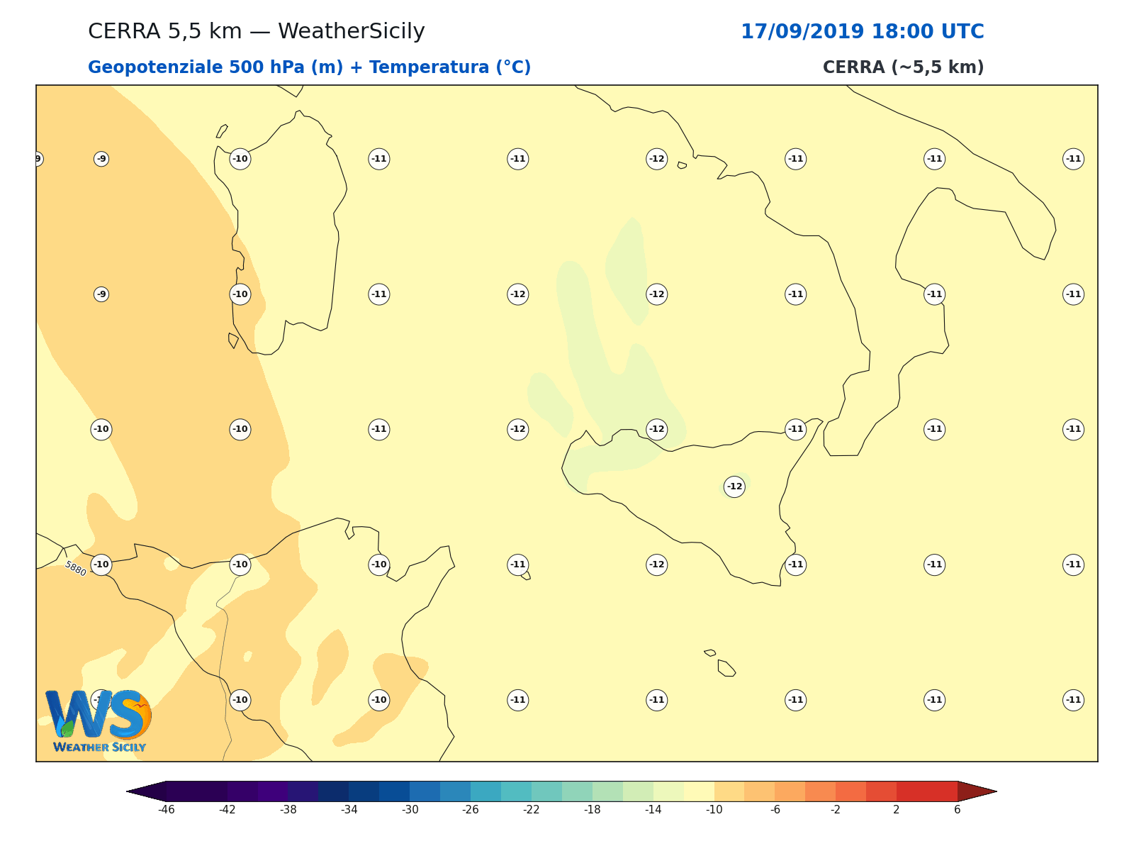 Geopotenziale 500 hPa + Temperatura · 2019091718