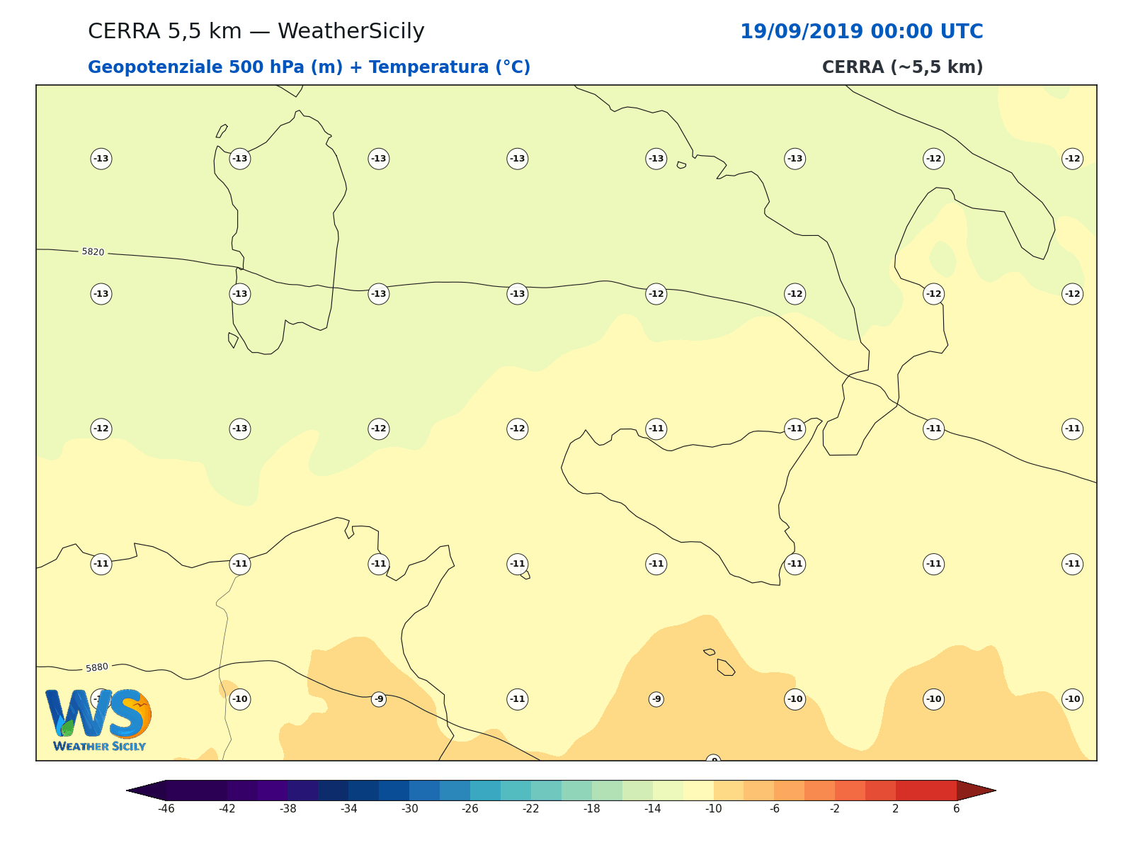 Geopotenziale 500 hPa + Temperatura · 2019091900