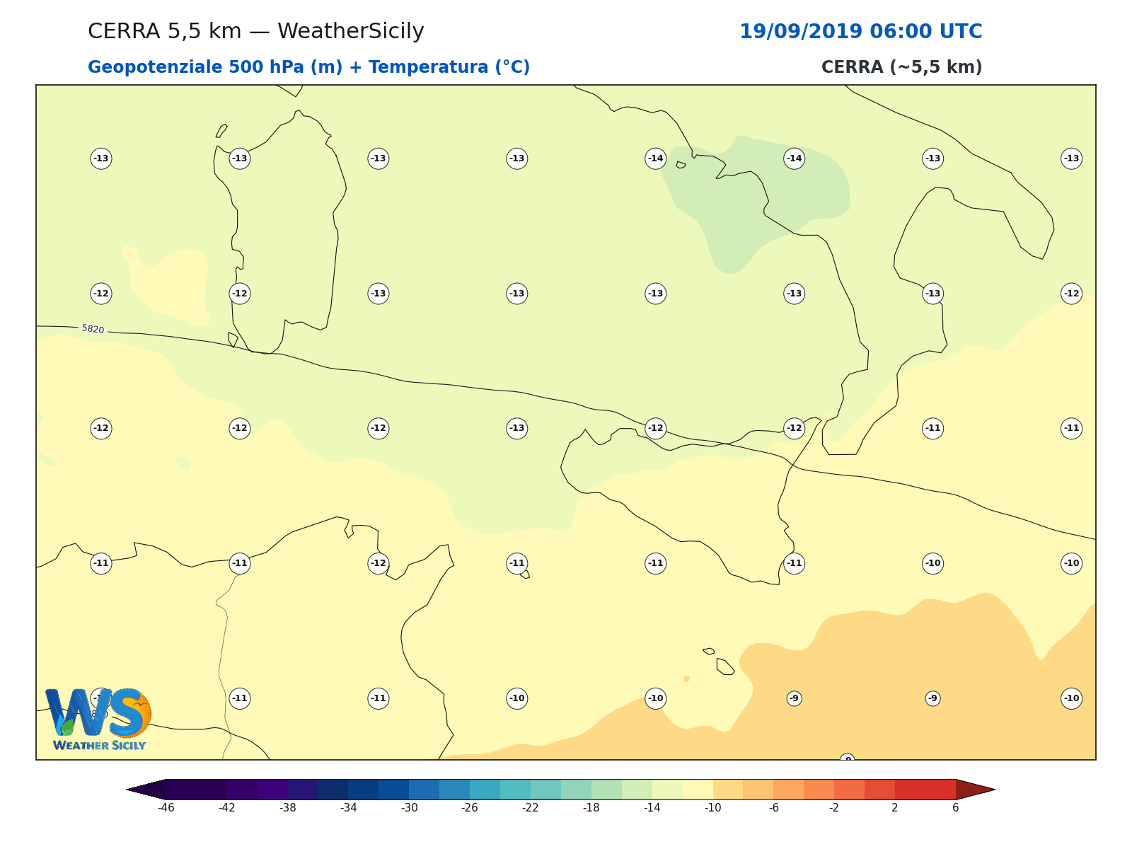 Geopotenziale 500 hPa + Temperatura · 2019091906