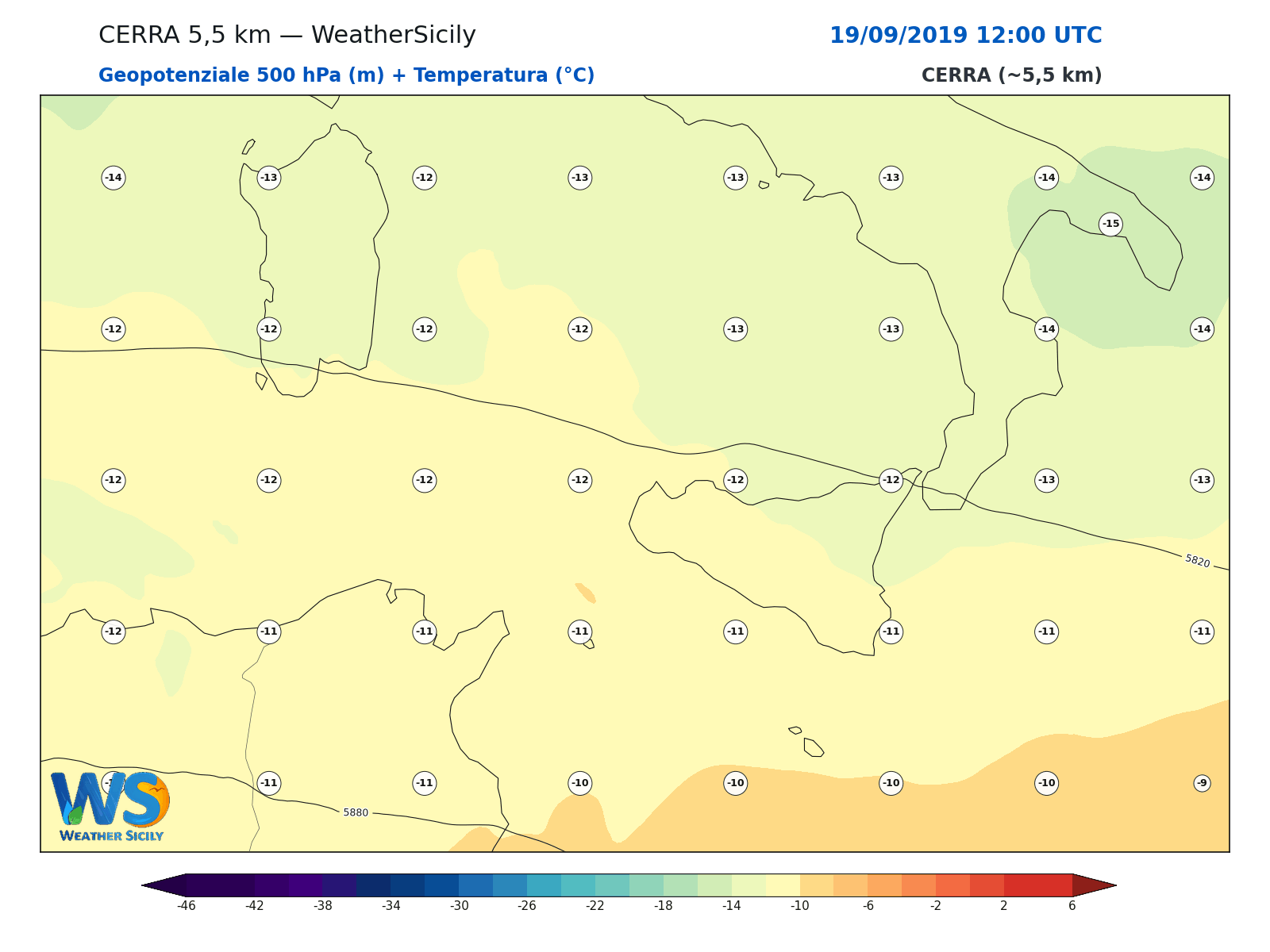 Geopotenziale 500 hPa + Temperatura · 2019091912
