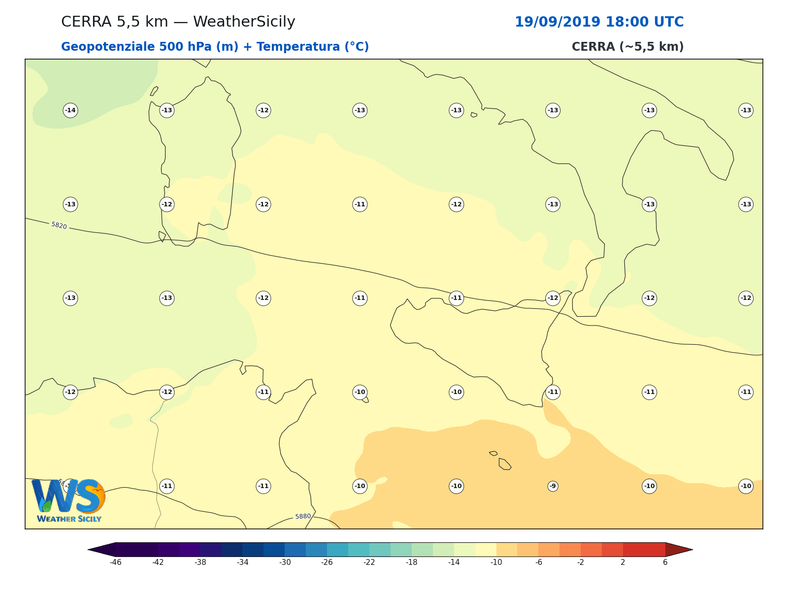 Geopotenziale 500 hPa + Temperatura · 2019091918