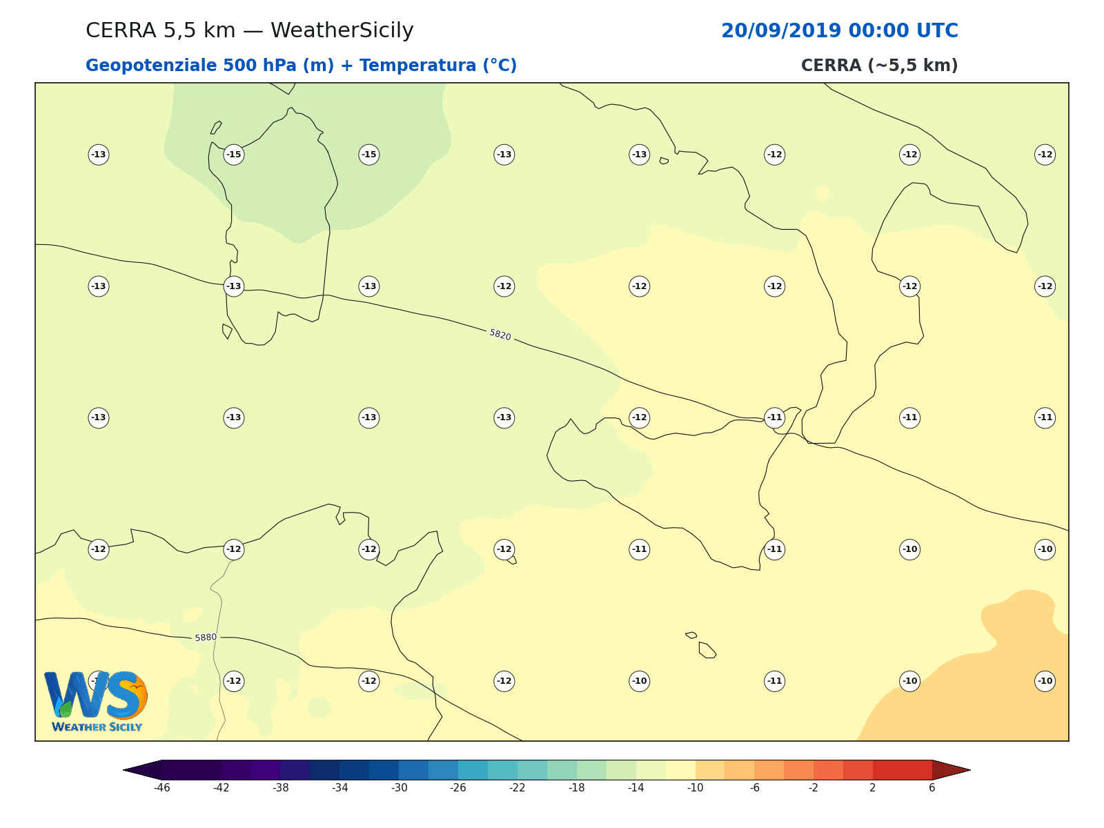 Geopotenziale 500 hPa + Temperatura · 2019092000