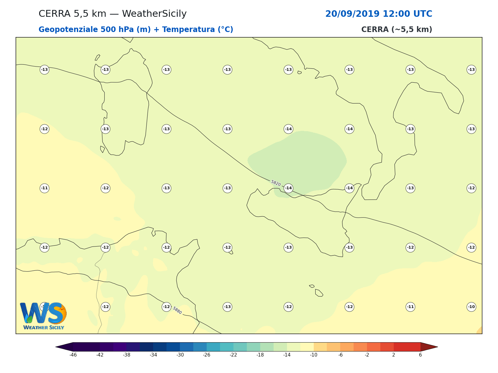 Geopotenziale 500 hPa + Temperatura · 2019092012