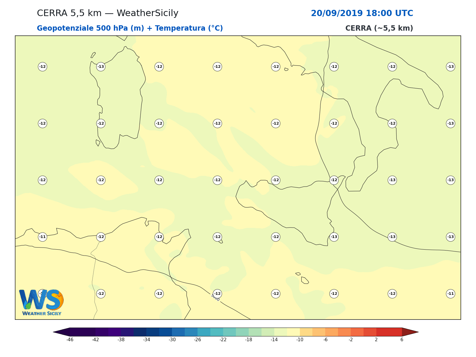 Geopotenziale 500 hPa + Temperatura · 2019092018