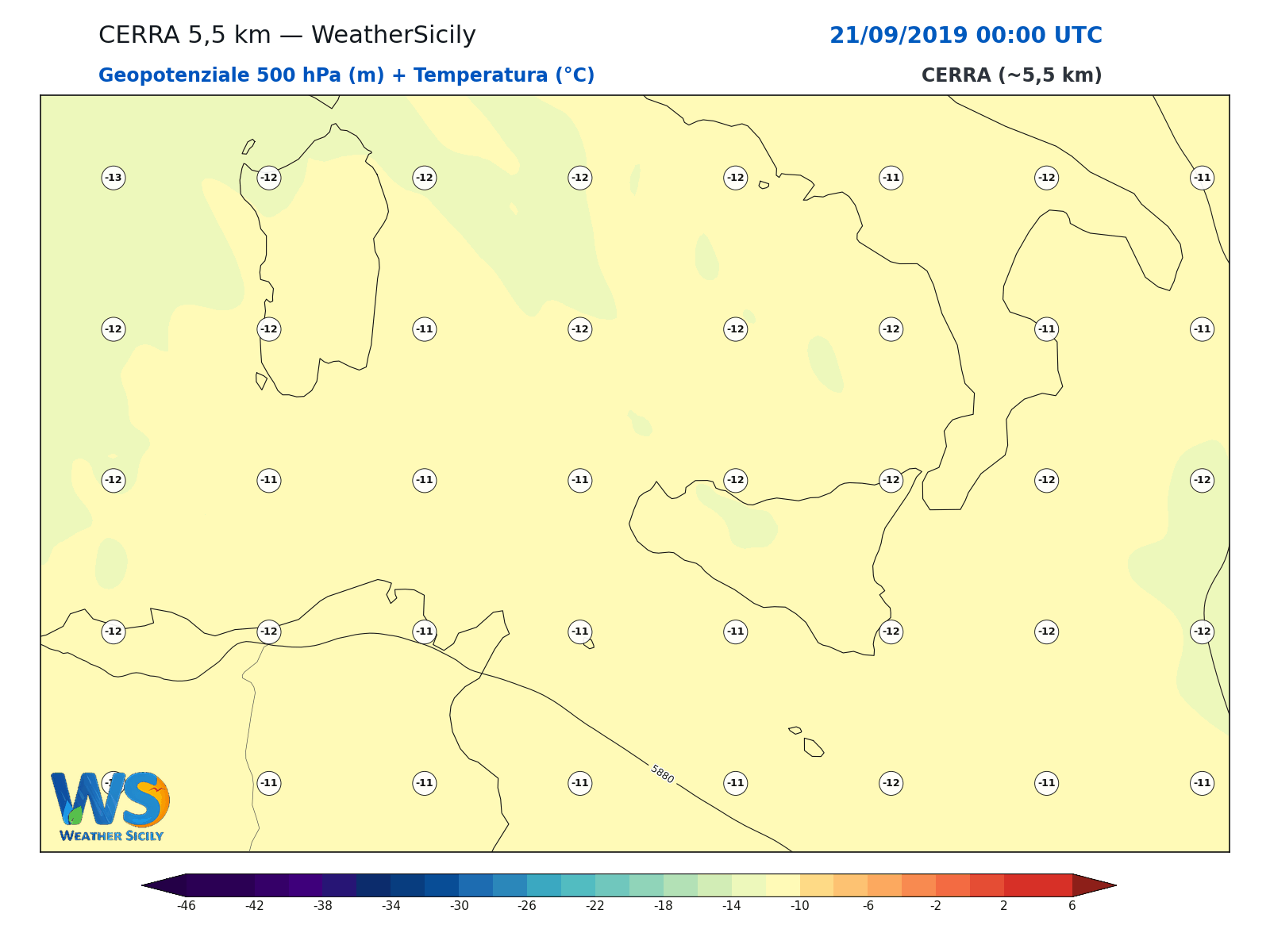 Geopotenziale 500 hPa + Temperatura · 2019092100